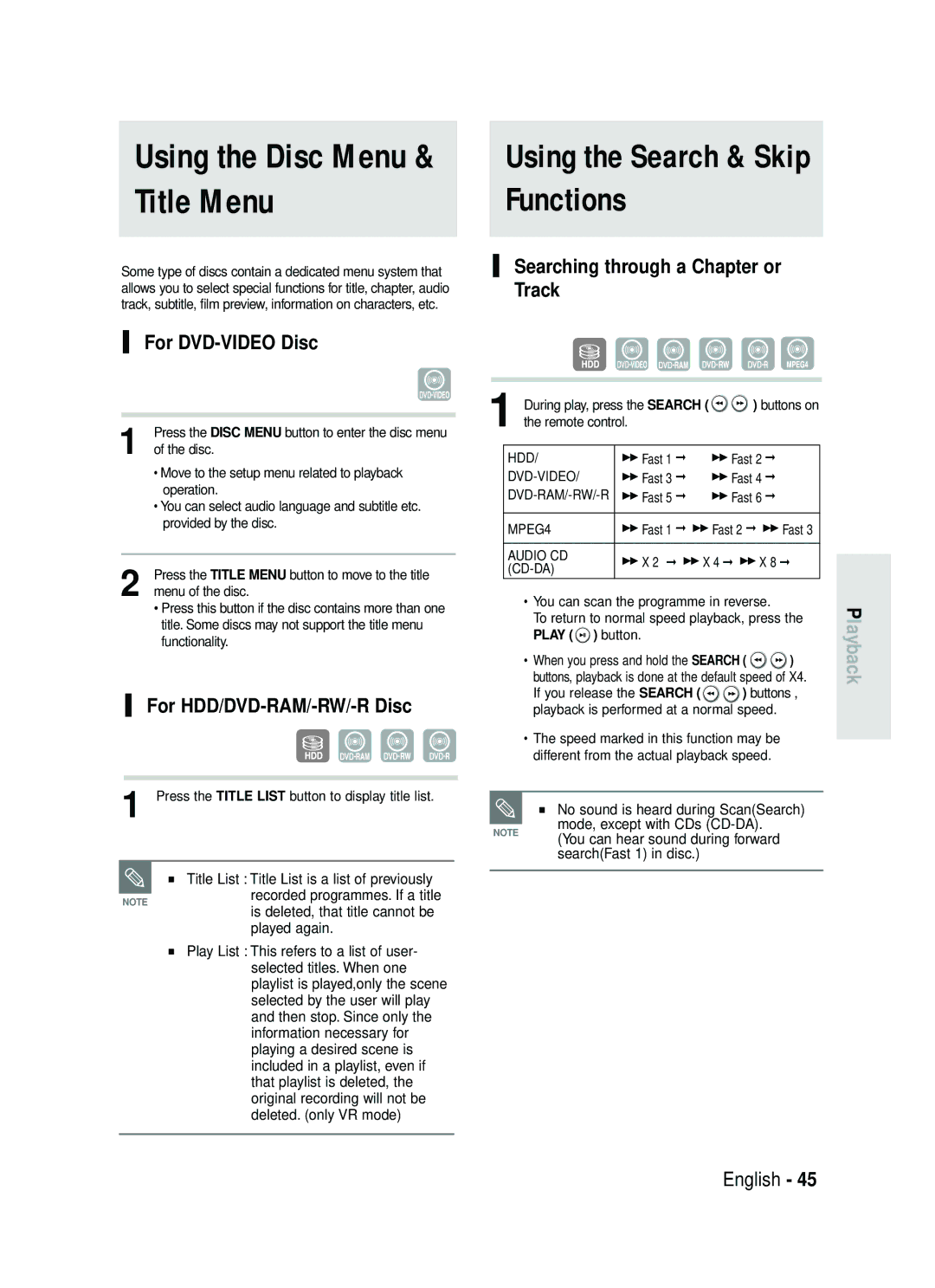 Samsung DVD-HR730/XEB, DVD-HR730/XEC, DVD-HR734/XEG, DVD-HR730/XEG manual Title Menu, Functions, Using the Search & Skip 