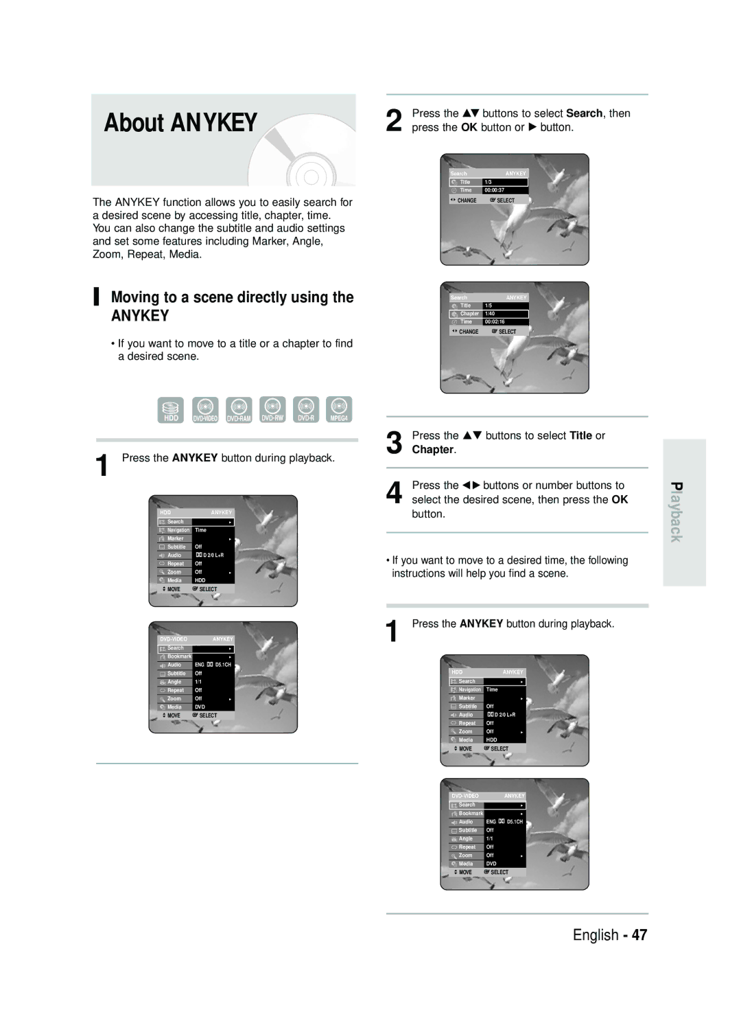 Samsung DVD-HR730/XEG manual About Anykey, Moving to a scene directly using, Press the …† buttons to select Search, then 