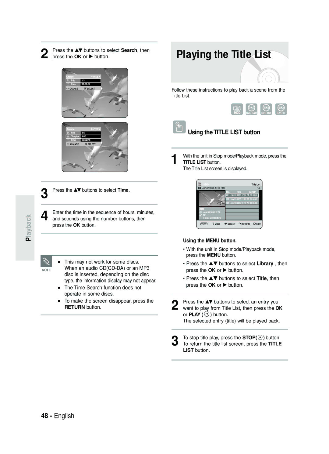 Samsung DVD-HR730/XEC manual Playing the Title List, Using the Title List button, Return button, Using the Menu button 