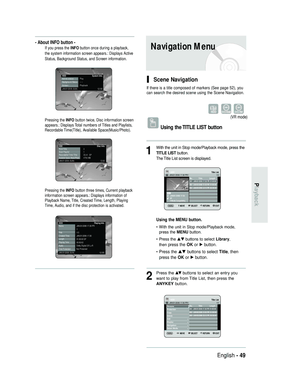 Samsung DVD-HR730/XEB, DVD-HR730/XEC, DVD-HR734/XEG manual Navigation Menu, Scene Navigation, About Info button, VR mode 