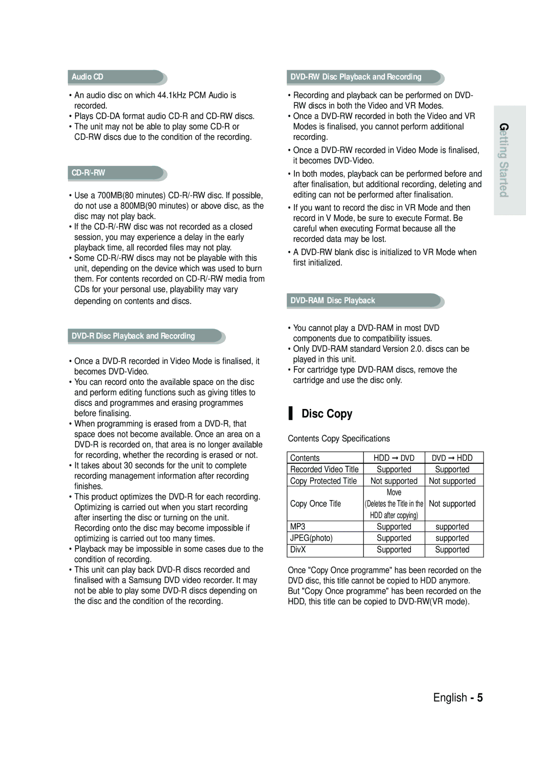 Samsung DVD-HR730/XEB, DVD-HR730/XEC manual Disc Copy, Contents Copy Specifications, Copy Once Title, JPEGphoto, DivX 