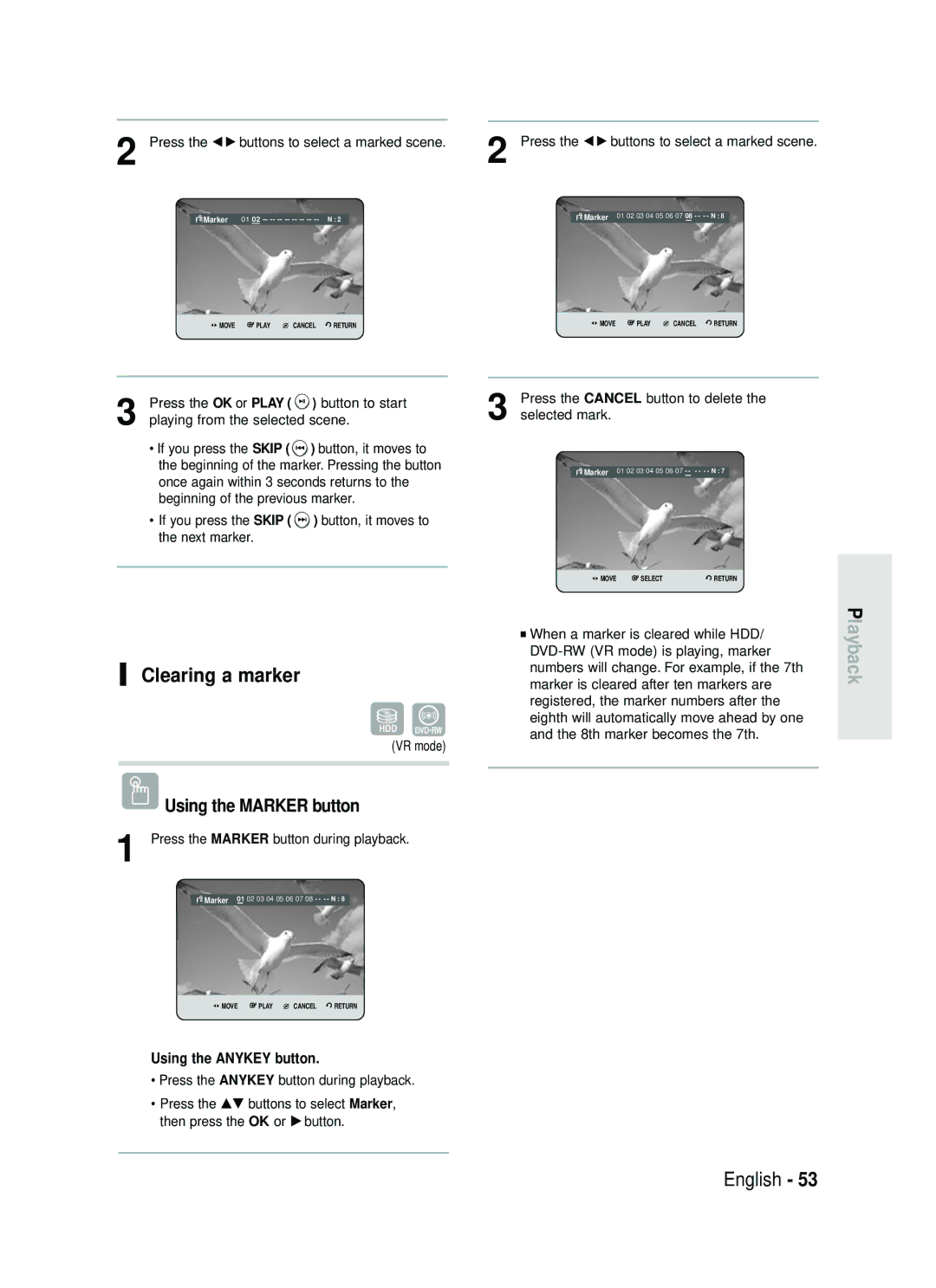 Samsung DVD-HR730/XEB Clearing a marker, Press the œ √ buttons to select a marked scene, Marker 01 02 03 04 05 06 07 08 N 