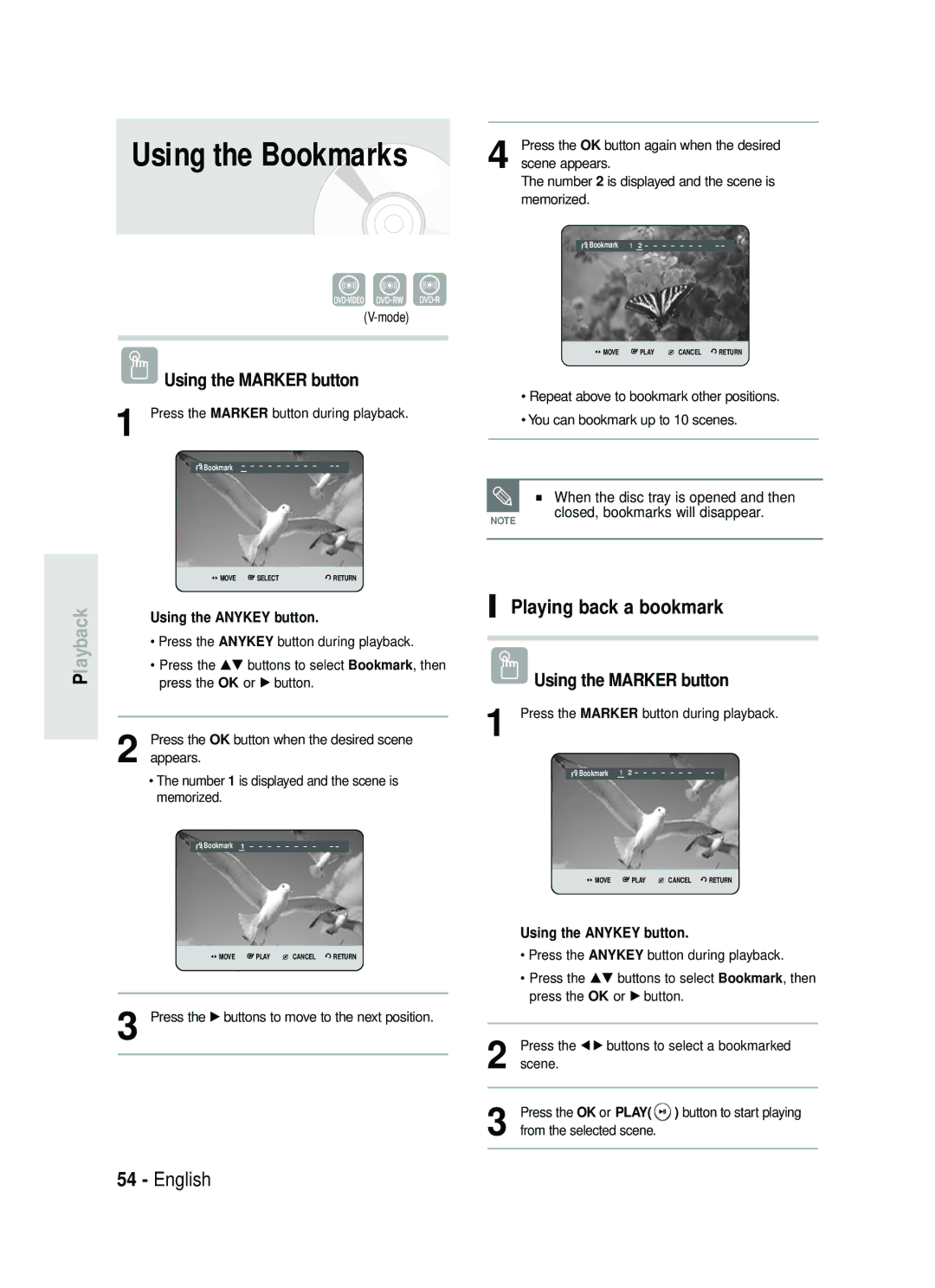 Samsung DVD-HR734/XEG manual Playing back a bookmark, Using the Marker button, When the disc tray is opened and then 