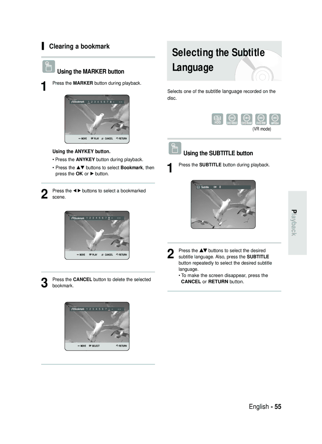 Samsung DVD-HR730/XEG manual Clearing a bookmark, Using the Subtitle button, Press the Subtitle button during playback 