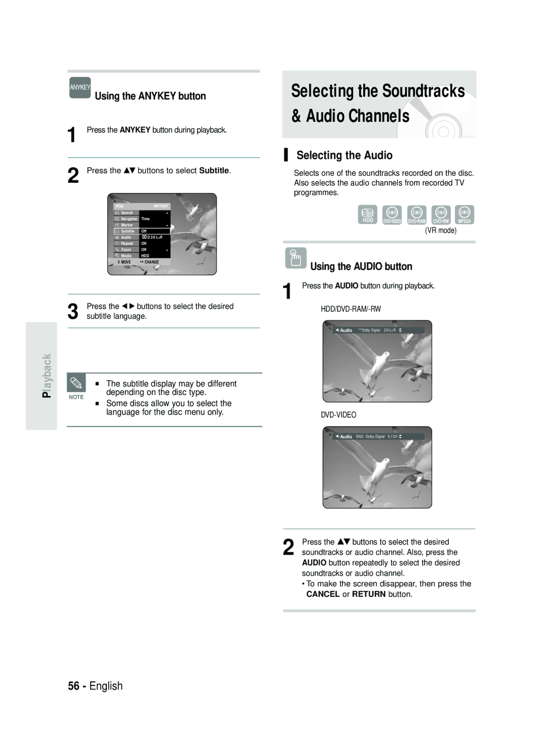 Samsung DVD-HR730/XEC, DVD-HR730/XEB Selecting the Audio, Using the Audio button, Press the …† buttons to select Subtitle 