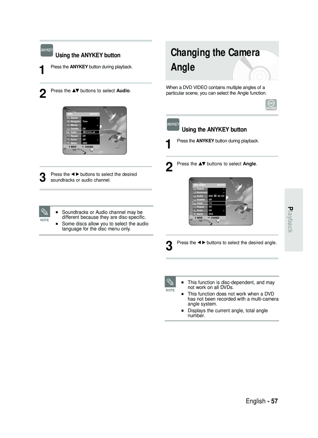 Samsung DVD-HR730/XEB Changing the Camera Angle, Soundtracks or Audio channel may be, Press the …† buttons to select Audio 