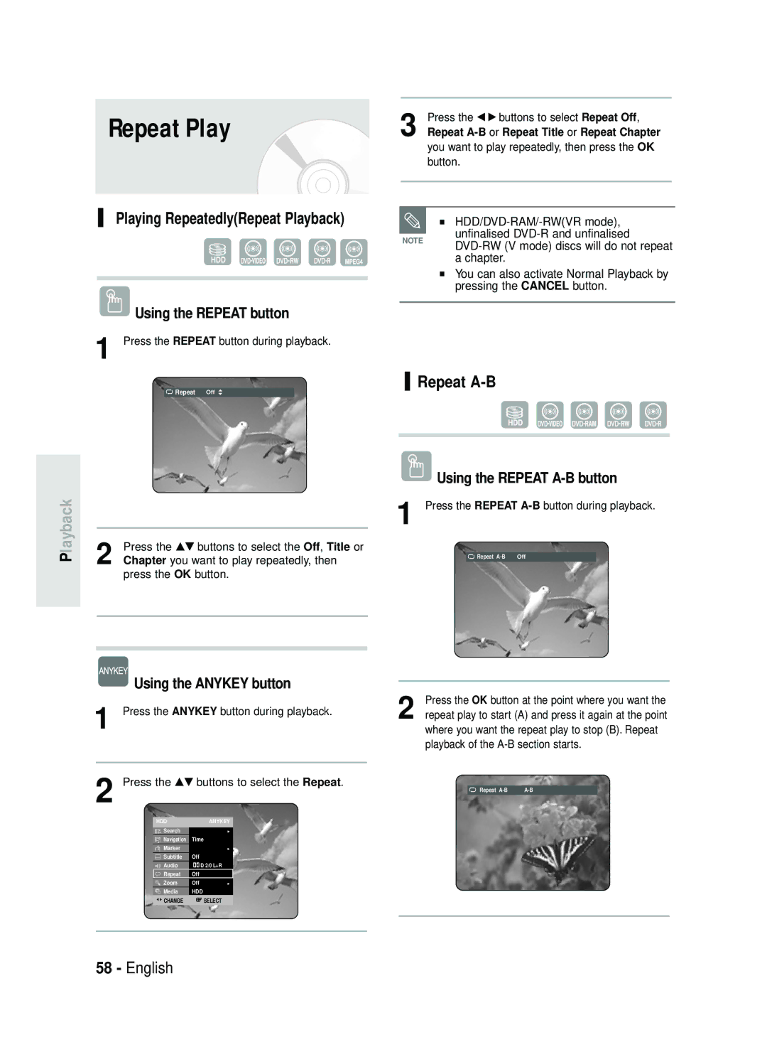 Samsung DVD-HR734/XEG, DVD-HR730/XEC manual Repeat A-B, Playing RepeatedlyRepeat Playback Using the Repeat button 