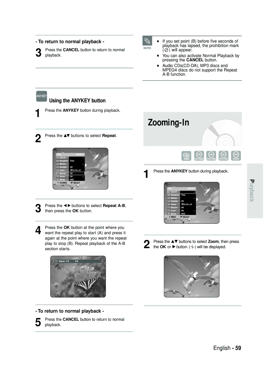 Samsung DVD-HR730/XEG, DVD-HR730/XEC, DVD-HR730/XEB, DVD-HR734/XEG manual Zooming-In, To return to normal playback 