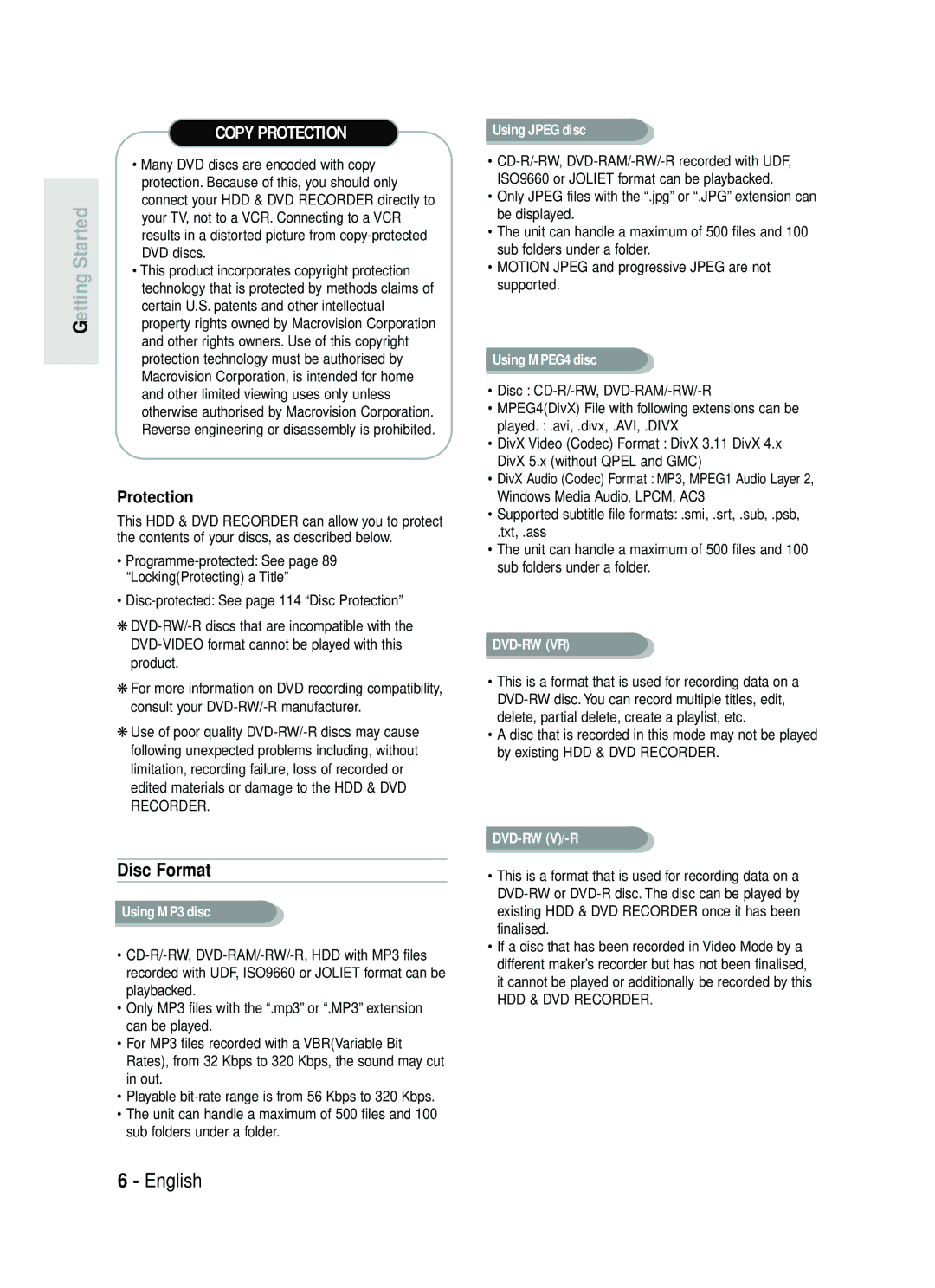 Samsung DVD-HR734/XEG, DVD-HR730/XEC, DVD-HR730/XEB, DVD-HR730/XEG manual Disc Format, Protection 