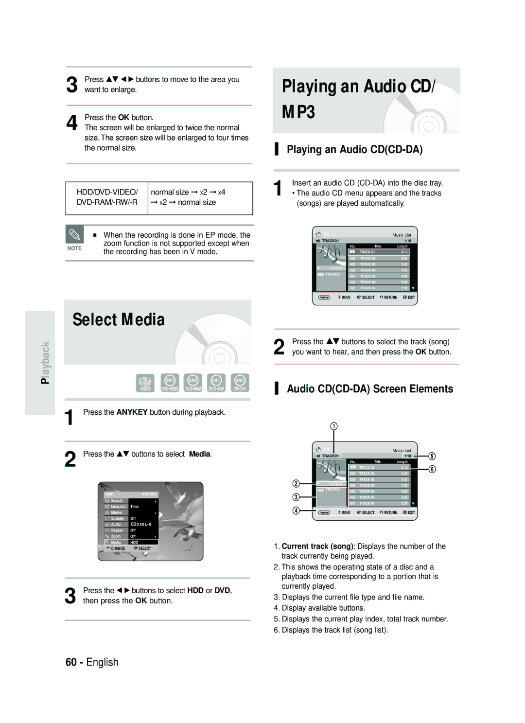 Samsung DVD-HR730/XEC Playing an Audio CD/ MP3, Select Media, Playing an Audio CDCD-DA, Audio CDCD-DA Screen Elements 