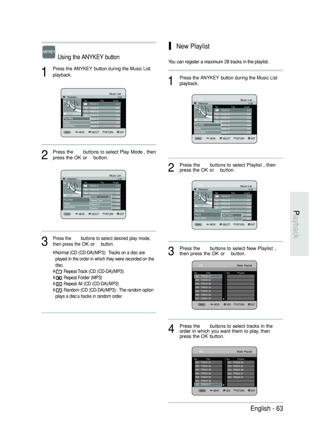 Samsung DVD-HR730/XEG, DVD-HR730/XEC, DVD-HR730/XEB New Playlist, Press the Anykey button during the Music List, Playback 