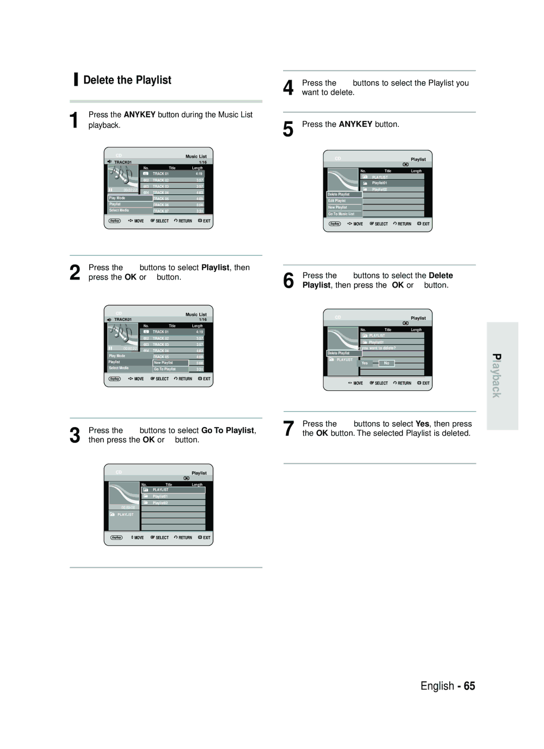 Samsung DVD-HR730/XEB, DVD-HR730/XEC, DVD-HR734/XEG Delete the Playlist, Press the …† buttons to select the Playlist you 