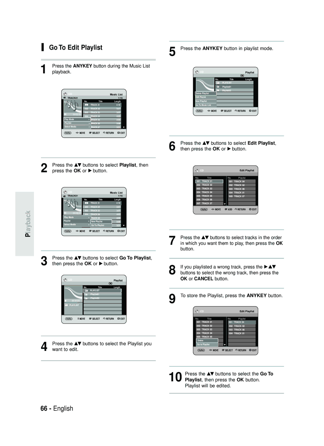 Samsung DVD-HR734/XEG, DVD-HR730/XEC, DVD-HR730/XEB manual Go To Edit Playlist, Press the Anykey button in playlist mode 