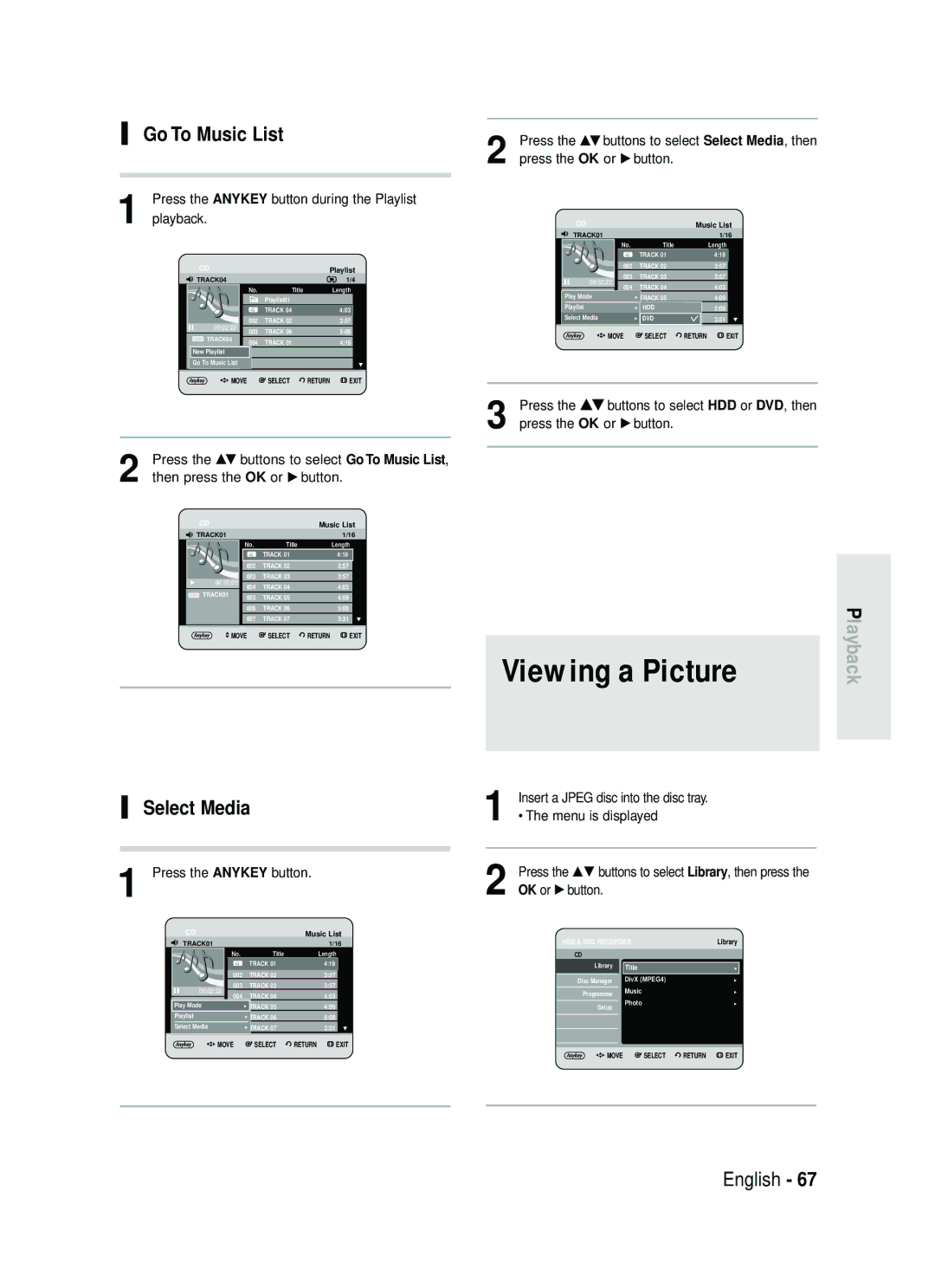 Samsung DVD-HR730/XEG Viewing a Picture, Select Media, Press the Anykey button, Insert a Jpeg disc into the disc tray 