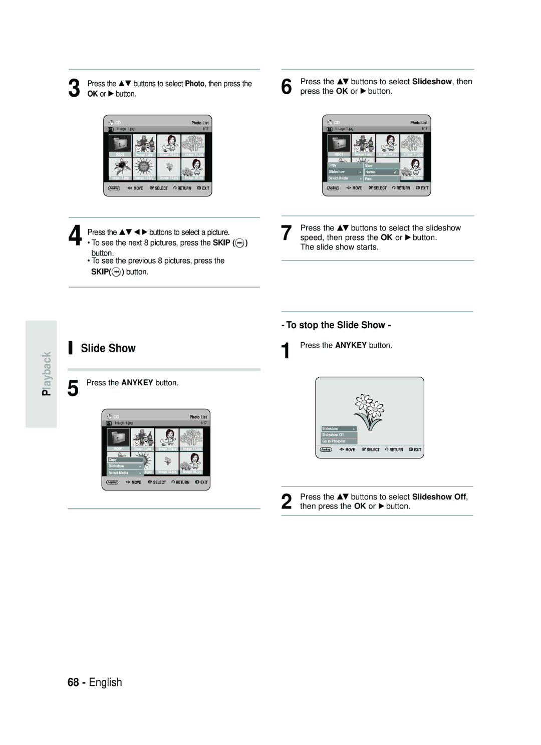 Samsung DVD-HR730/XEC, DVD-HR730/XEB To stop the Slide Show, Press the …† œ √ buttons to select a picture, Photo List 