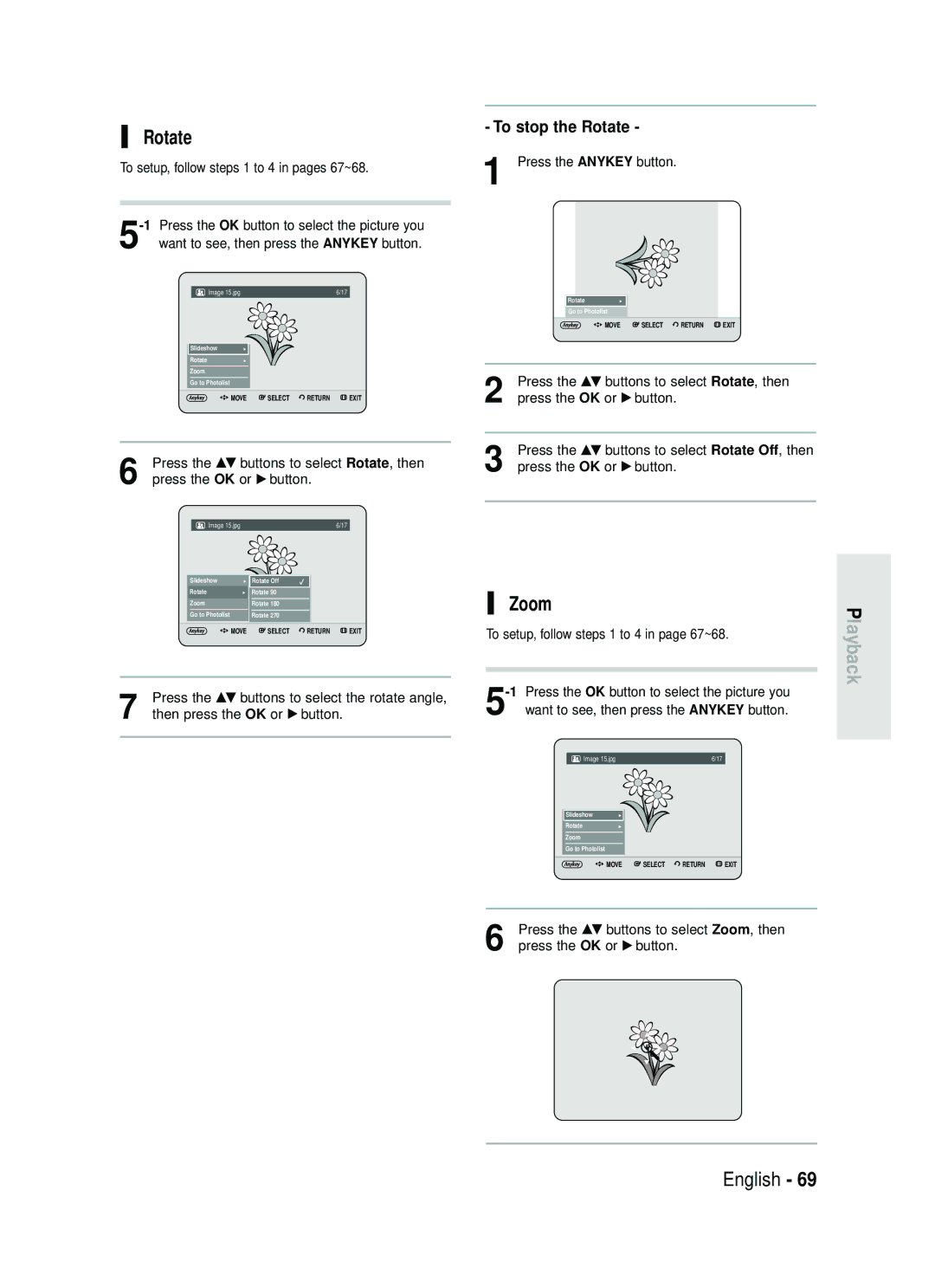 Samsung DVD-HR730/XEB, DVD-HR730/XEC manual Zoom, To stop the Rotate, Press the …† buttons to select Rotate, then 