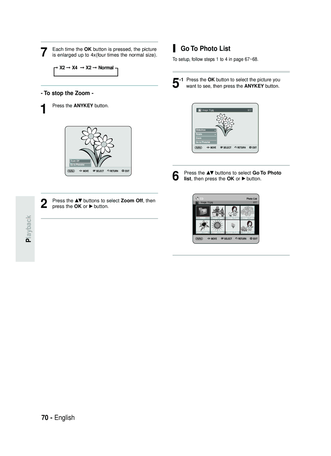 Samsung DVD-HR734/XEG, DVD-HR730/XEC, DVD-HR730/XEB, DVD-HR730/XEG manual Go To Photo List, To stop the Zoom, X2 X4 X2 Normal 