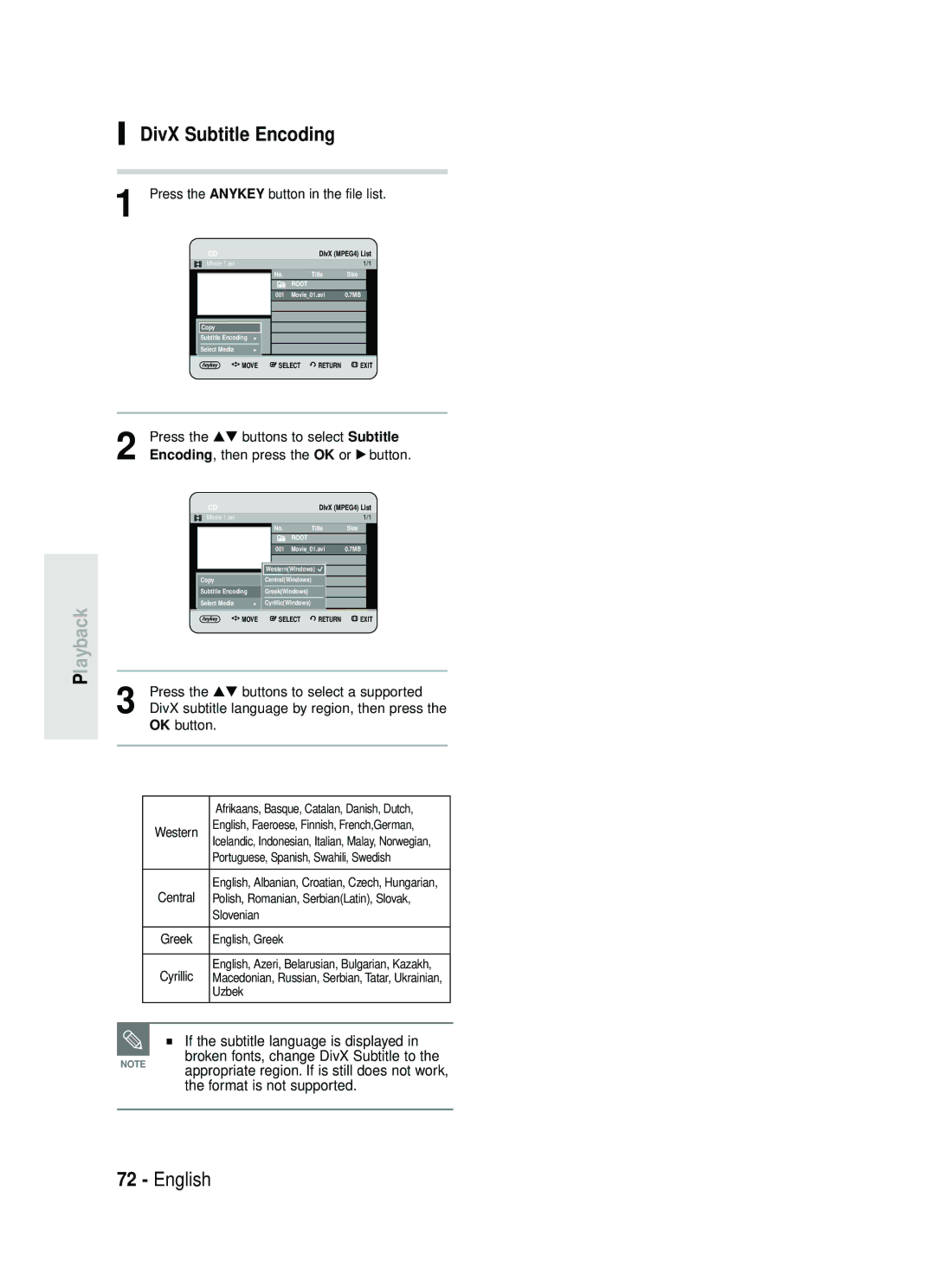 Samsung DVD-HR730/XEC manual DivX Subtitle Encoding, Format is not supported, Press the …† buttons to select Subtitle 