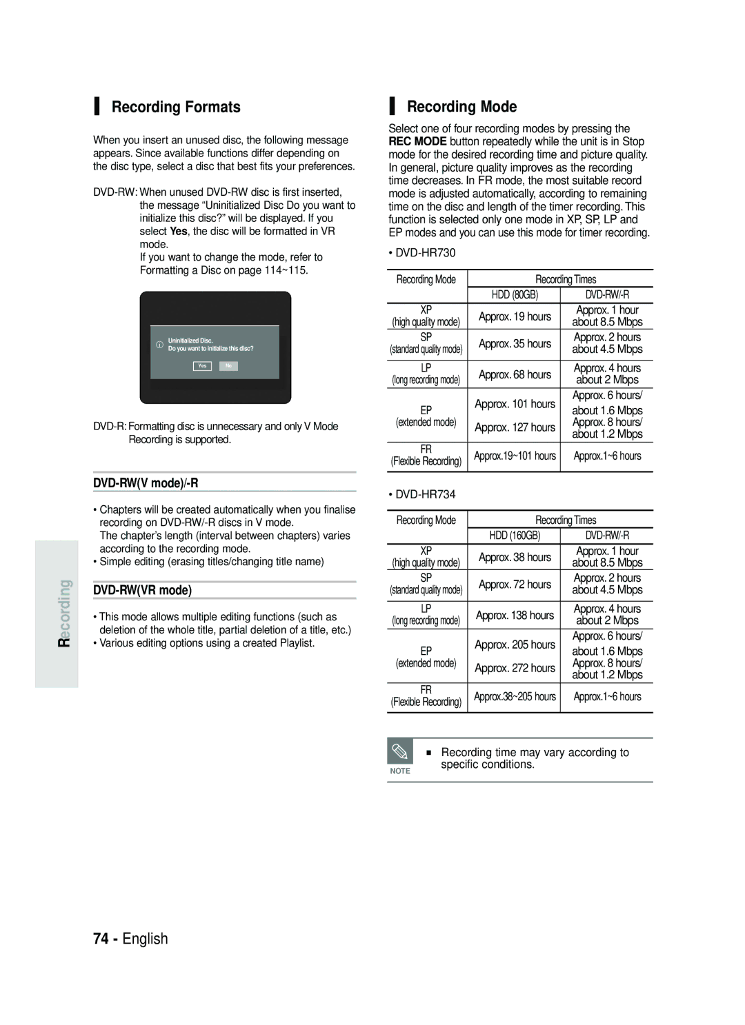 Samsung DVD-HR734/XEG, DVD-HR730/XEC, DVD-HR730/XEB manual Recording Formats, Recording Mode, DVD-RWV mode/-R, DVD-RWVR mode 