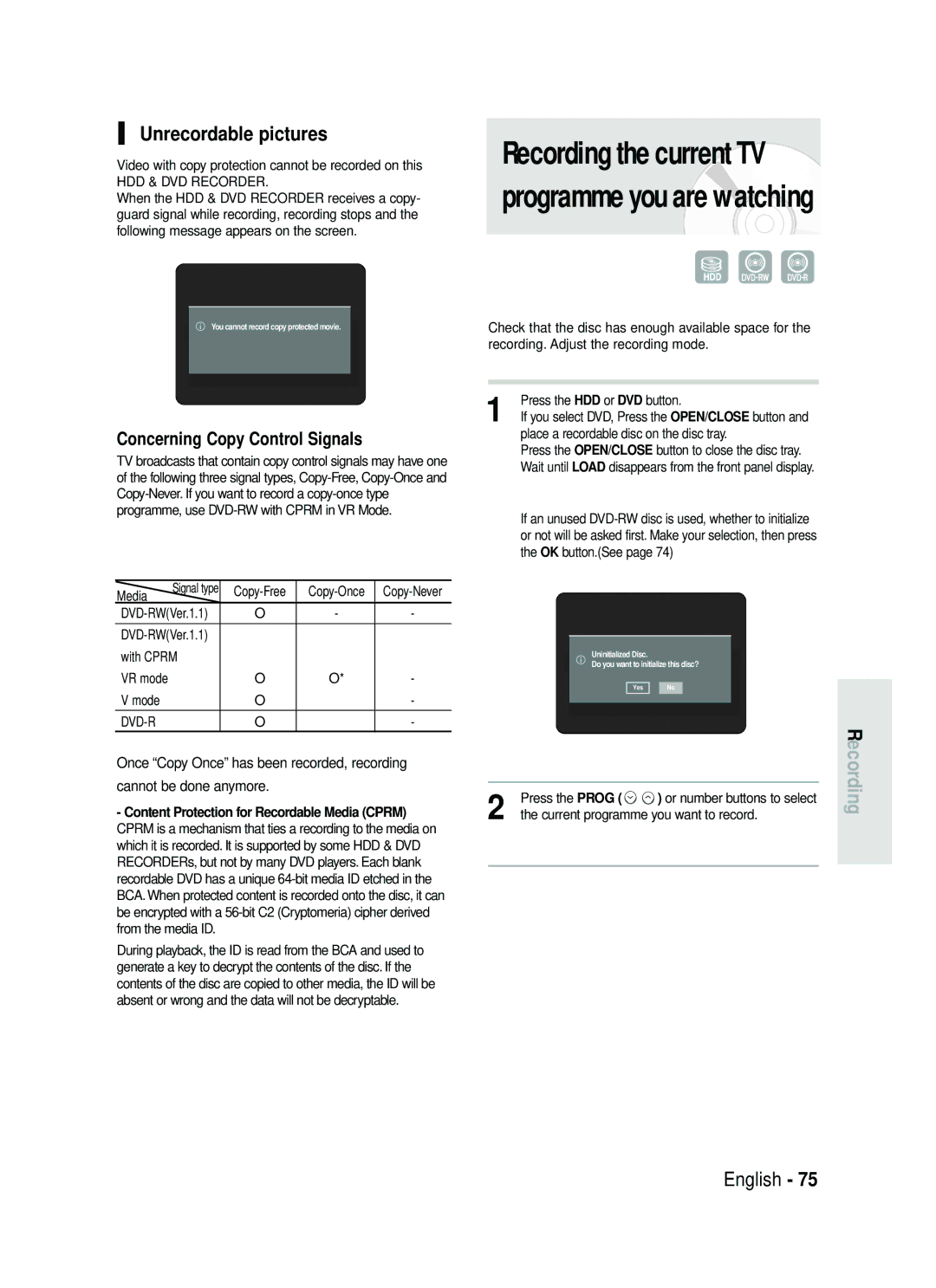 Samsung DVD-HR730/XEG, DVD-HR730/XEC, DVD-HR730/XEB, DVD-HR734/XEG Unrecordable pictures, Concerning Copy Control Signals 