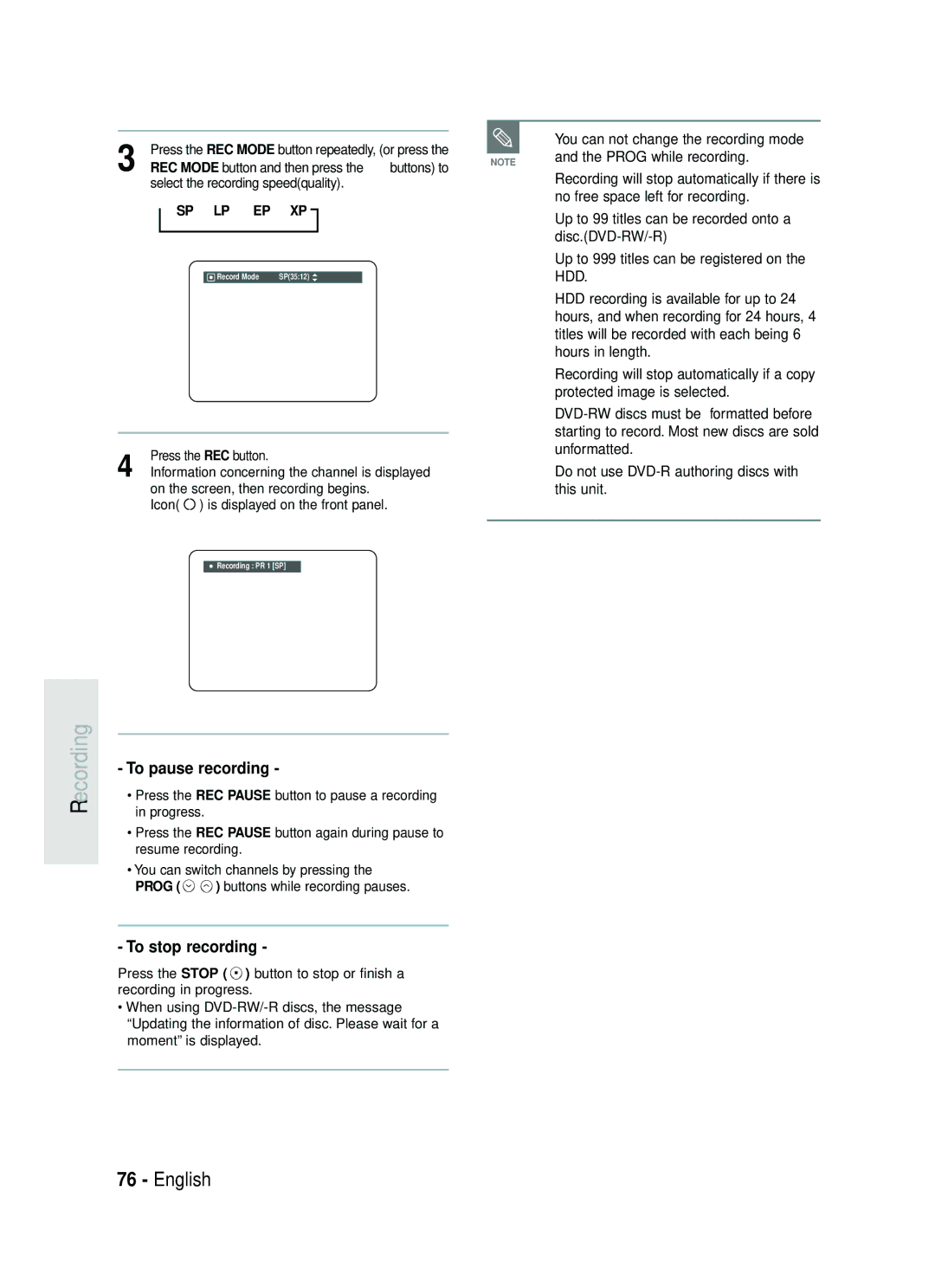 Samsung DVD-HR730/XEC, DVD-HR730/XEB, DVD-HR734/XEG, DVD-HR730/XEG manual Recording, To pause recording, To stop recording 