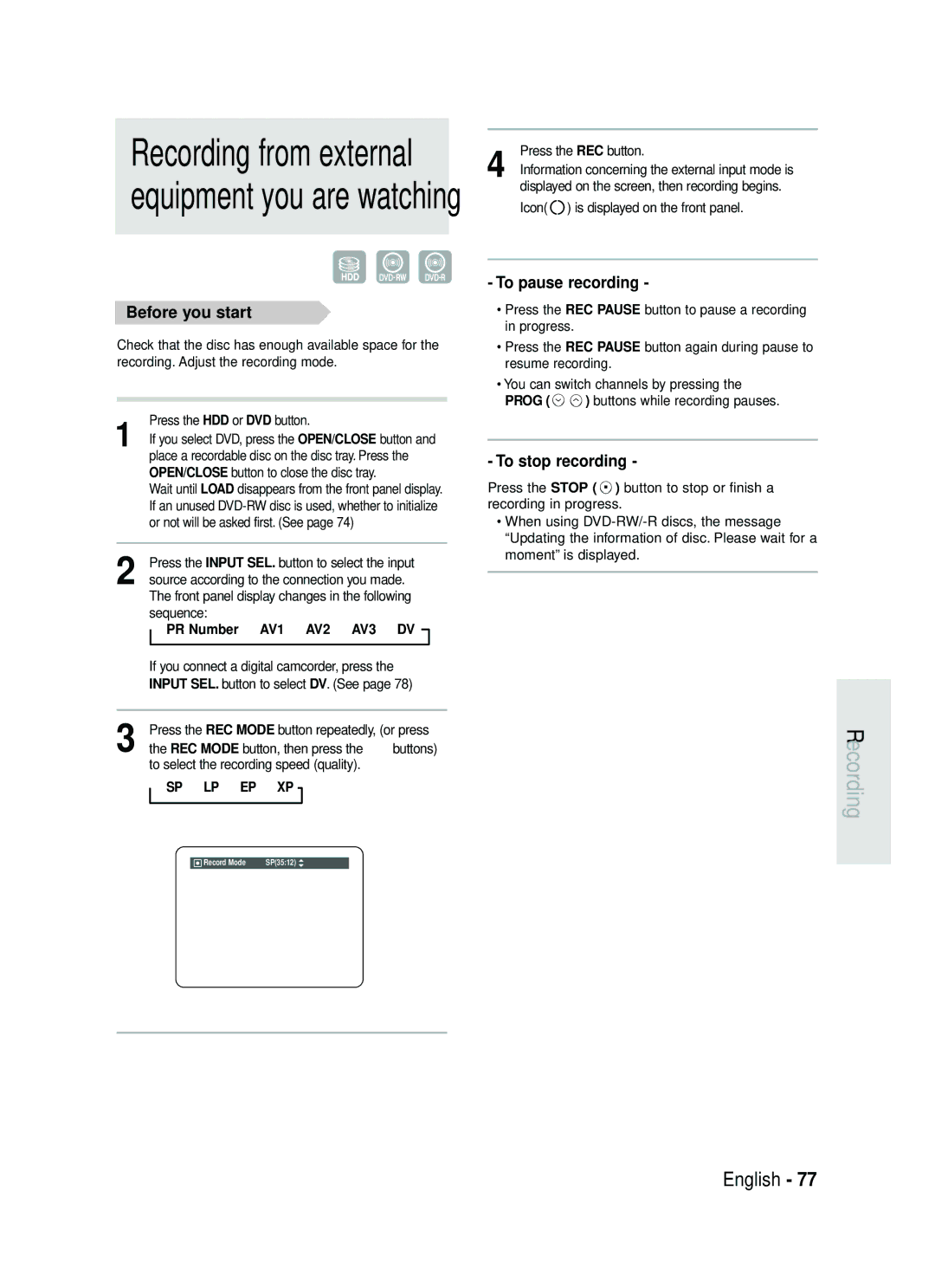 Samsung DVD-HR730/XEB, DVD-HR730/XEC, DVD-HR734/XEG, DVD-HR730/XEG Before you start, PR Number AV1 AV2 AV3 DV, Sp Lp Ep Xp 