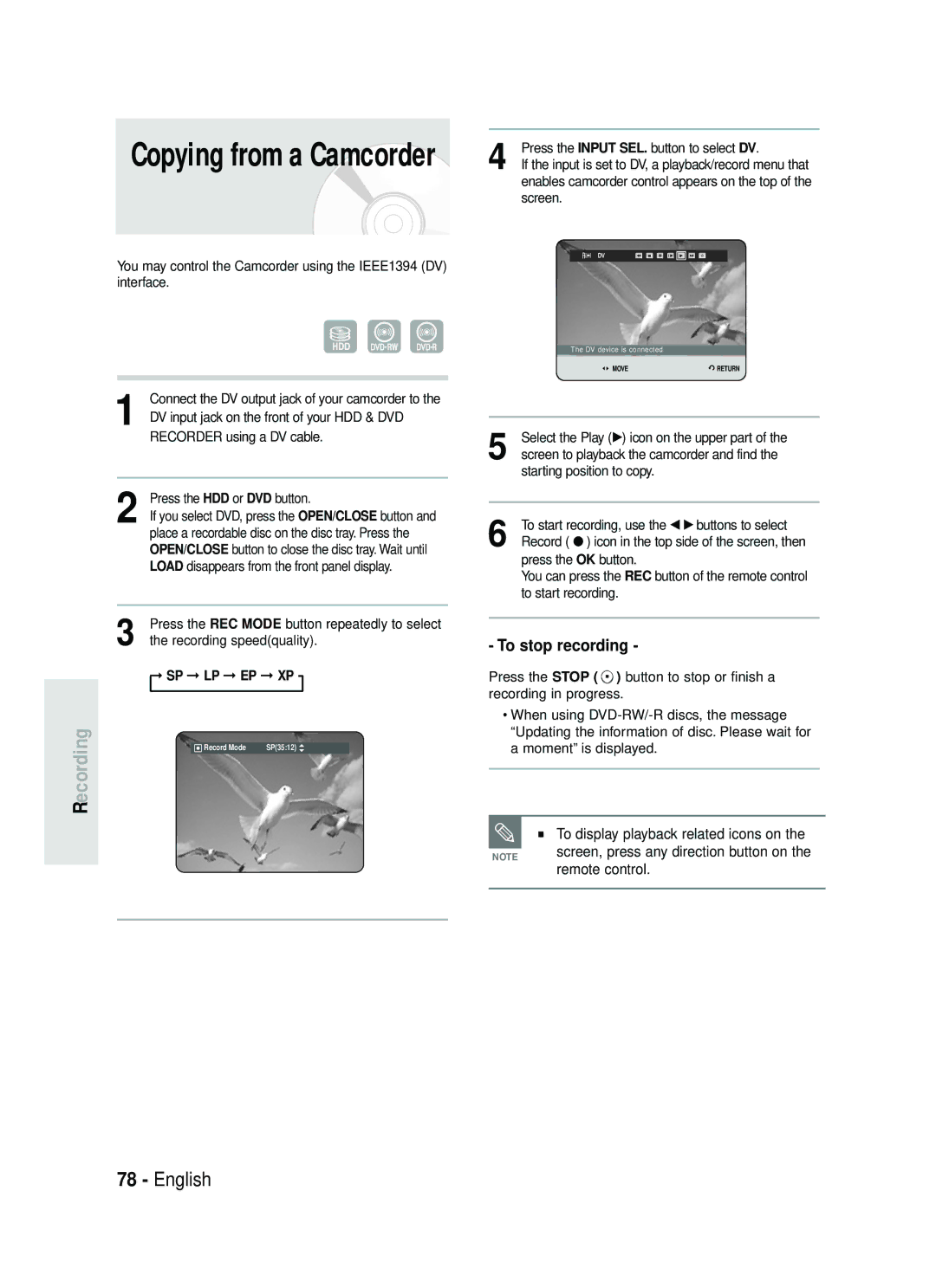 Samsung DVD-HR734/XEG, DVD-HR730/XEC manual Copying from a Camcorder, To display playback related icons on, Remote control 