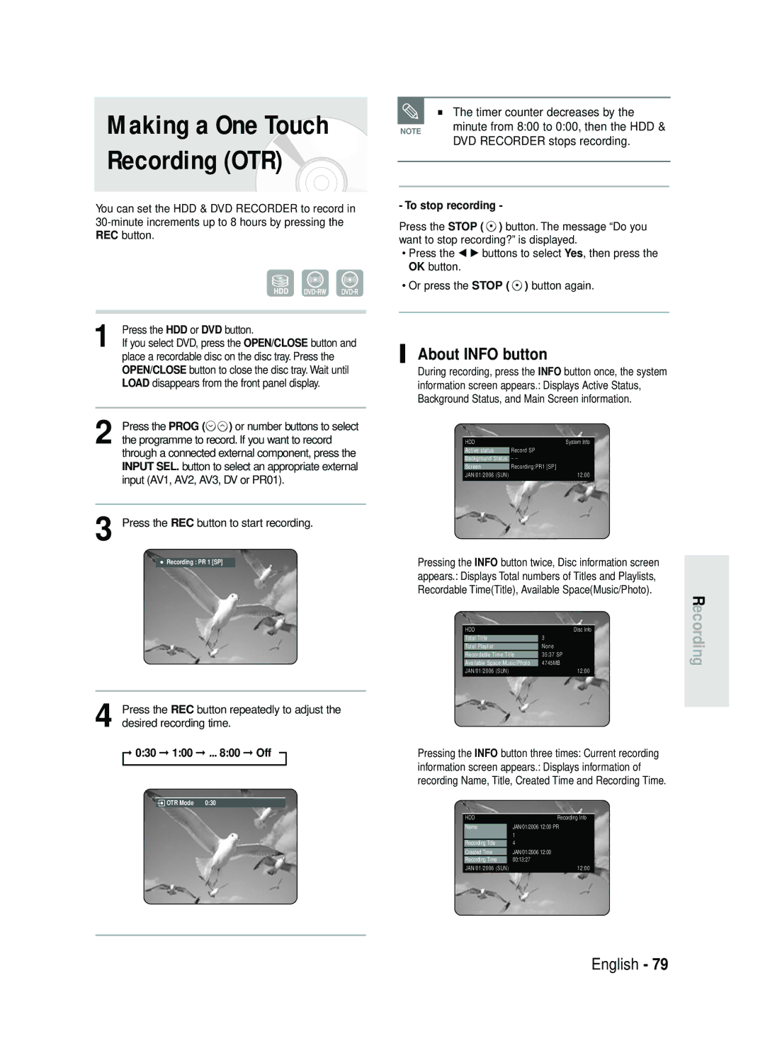 Samsung DVD-HR730/XEG Making a One Touch Recording OTR, About Info button, Timer counter decreases by, 030 100 .. Off 