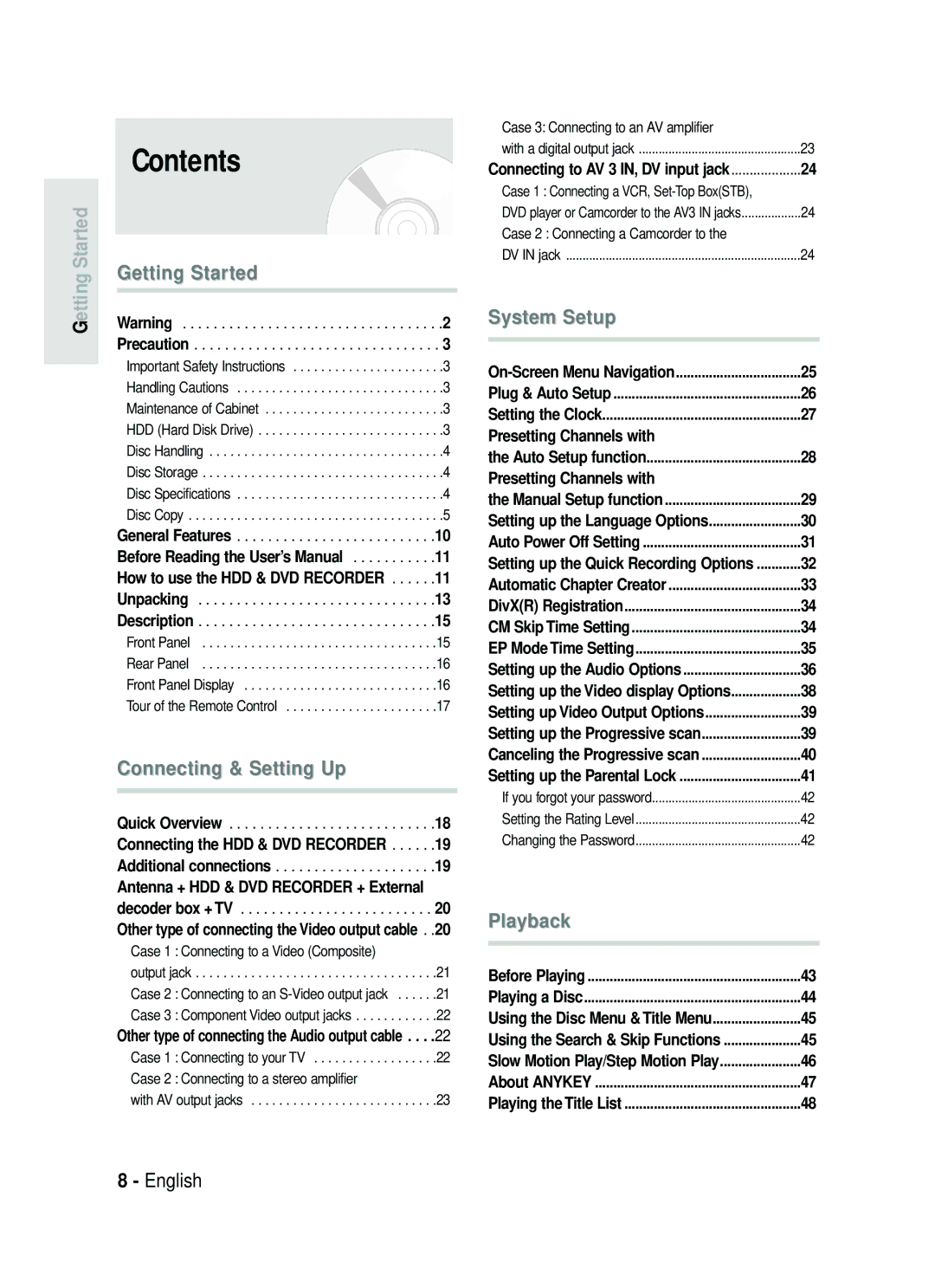 Samsung DVD-HR730/XEC, DVD-HR730/XEB, DVD-HR734/XEG, DVD-HR730/XEG manual Contents 