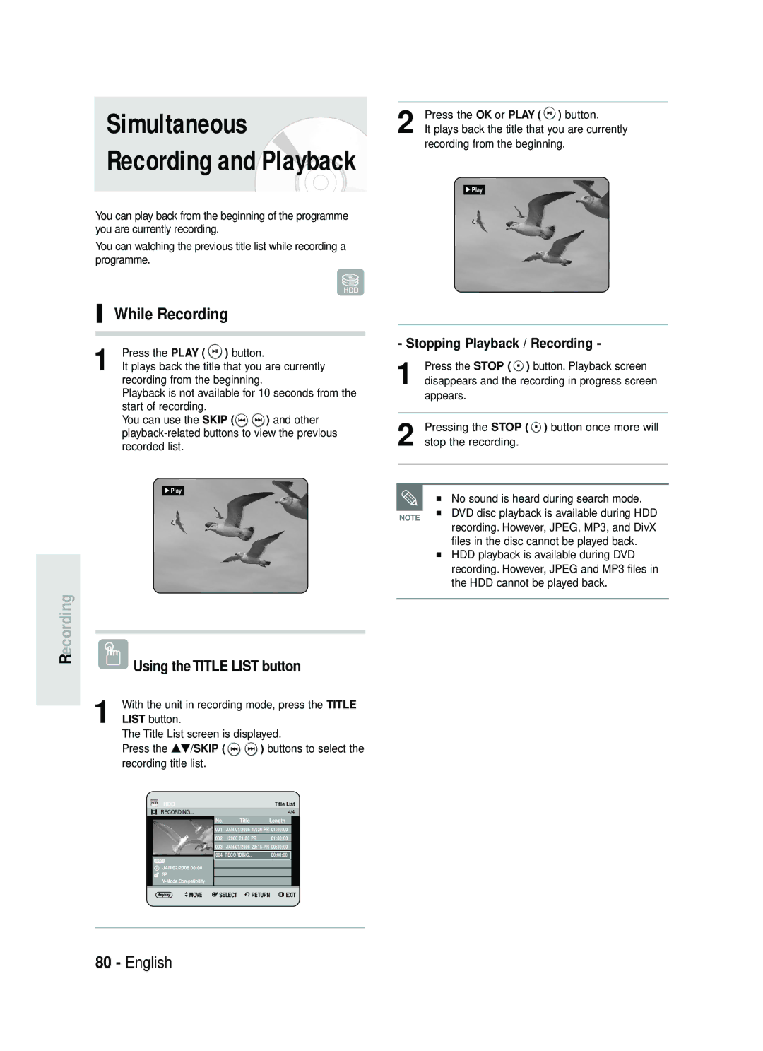 Samsung DVD-HR730/XEC, DVD-HR730/XEB, DVD-HR734/XEG manual Simultaneous, While Recording, Stopping Playback / Recording 