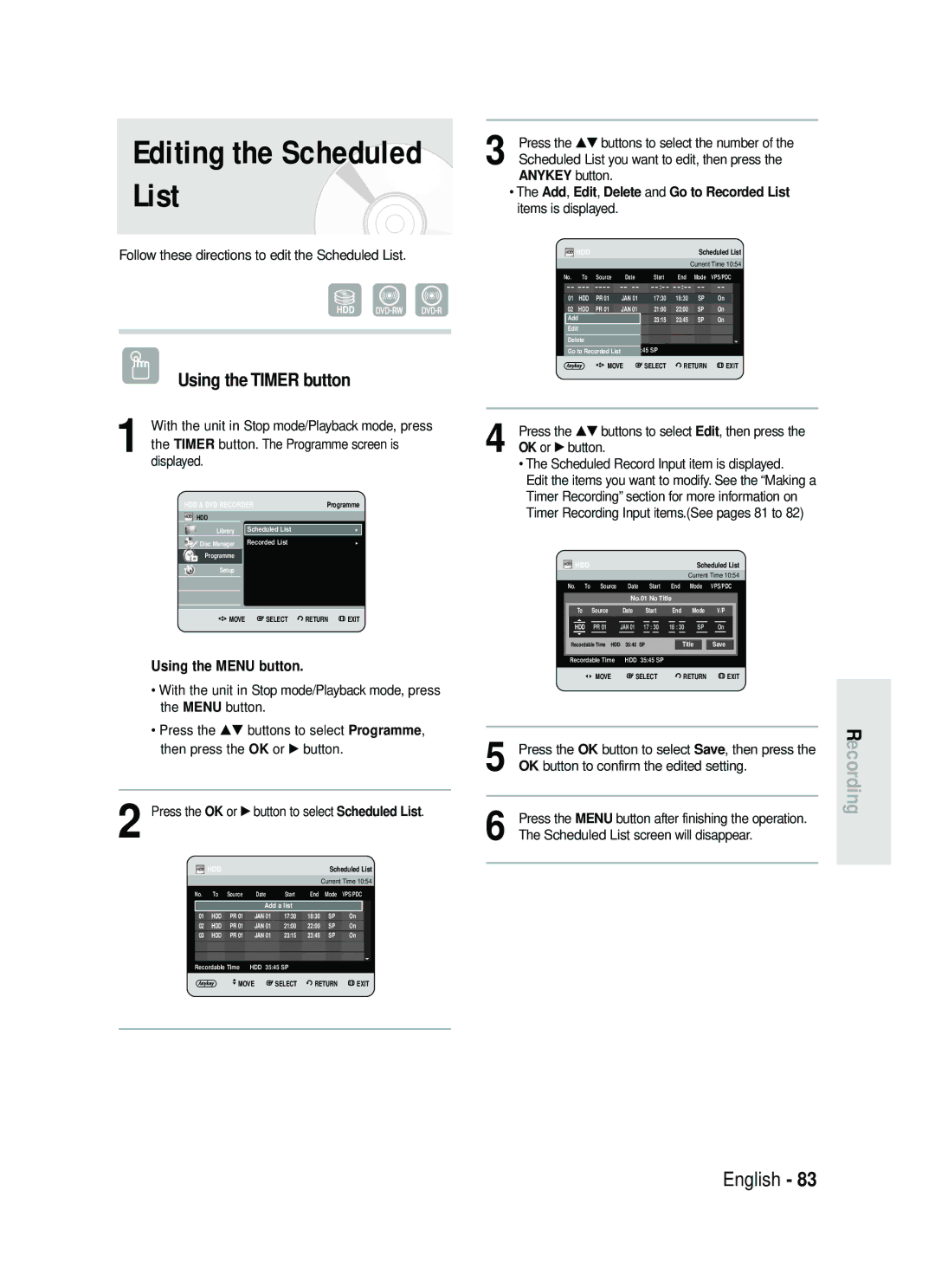 Samsung DVD-HR730/XEG, DVD-HR730/XEC, DVD-HR730/XEB, DVD-HR734/XEG manual Editing the Scheduled List 