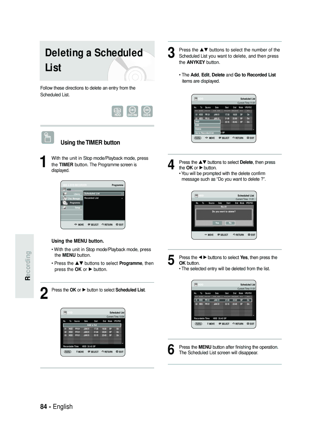 Samsung DVD-HR730/XEC, DVD-HR730/XEB, DVD-HR734/XEG, DVD-HR730/XEG manual Deleting a Scheduled List 