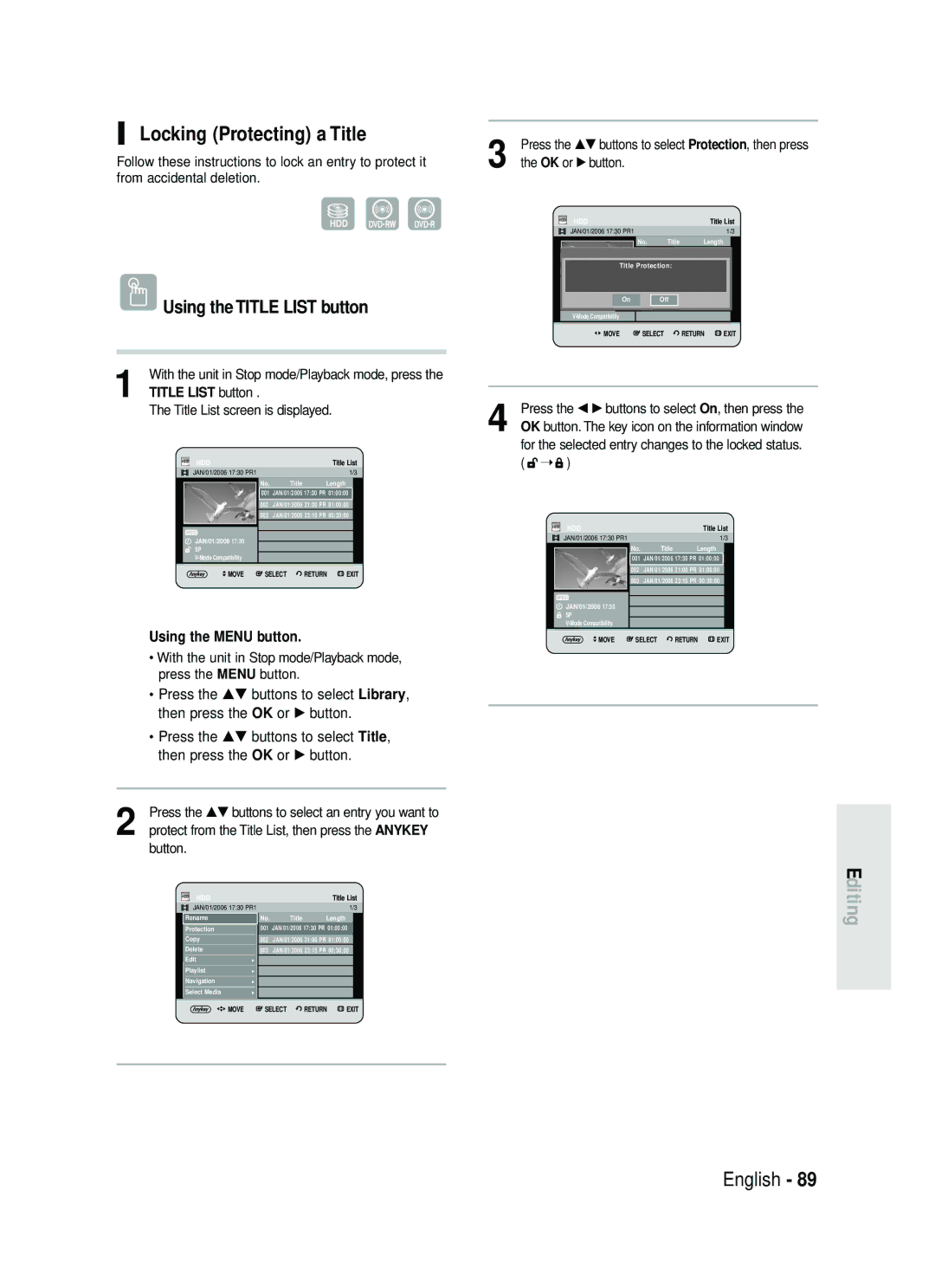 Samsung DVD-HR730/XEB, DVD-HR730/XEC, DVD-HR734/XEG, DVD-HR730/XEG manual Locking Protecting a Title, Title Protection 