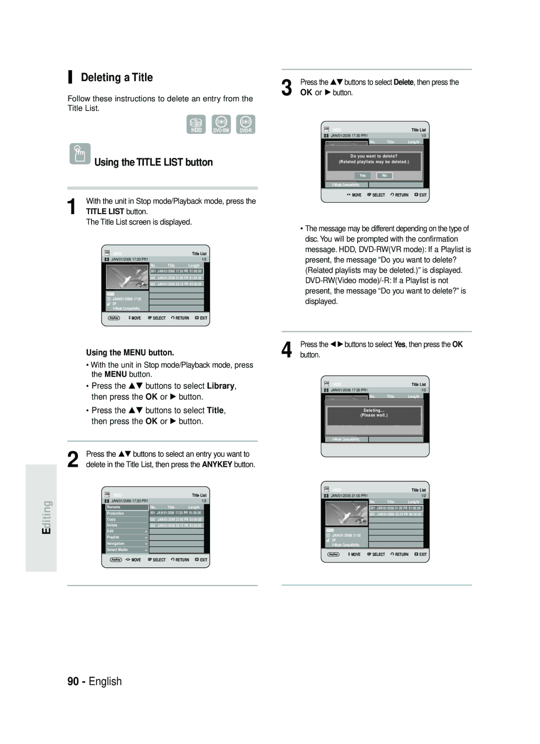 Samsung DVD-HR734/XEG, DVD-HR730/XEC, DVD-HR730/XEB manual Diting, Deleting a Title, Related playlists may be deleted 