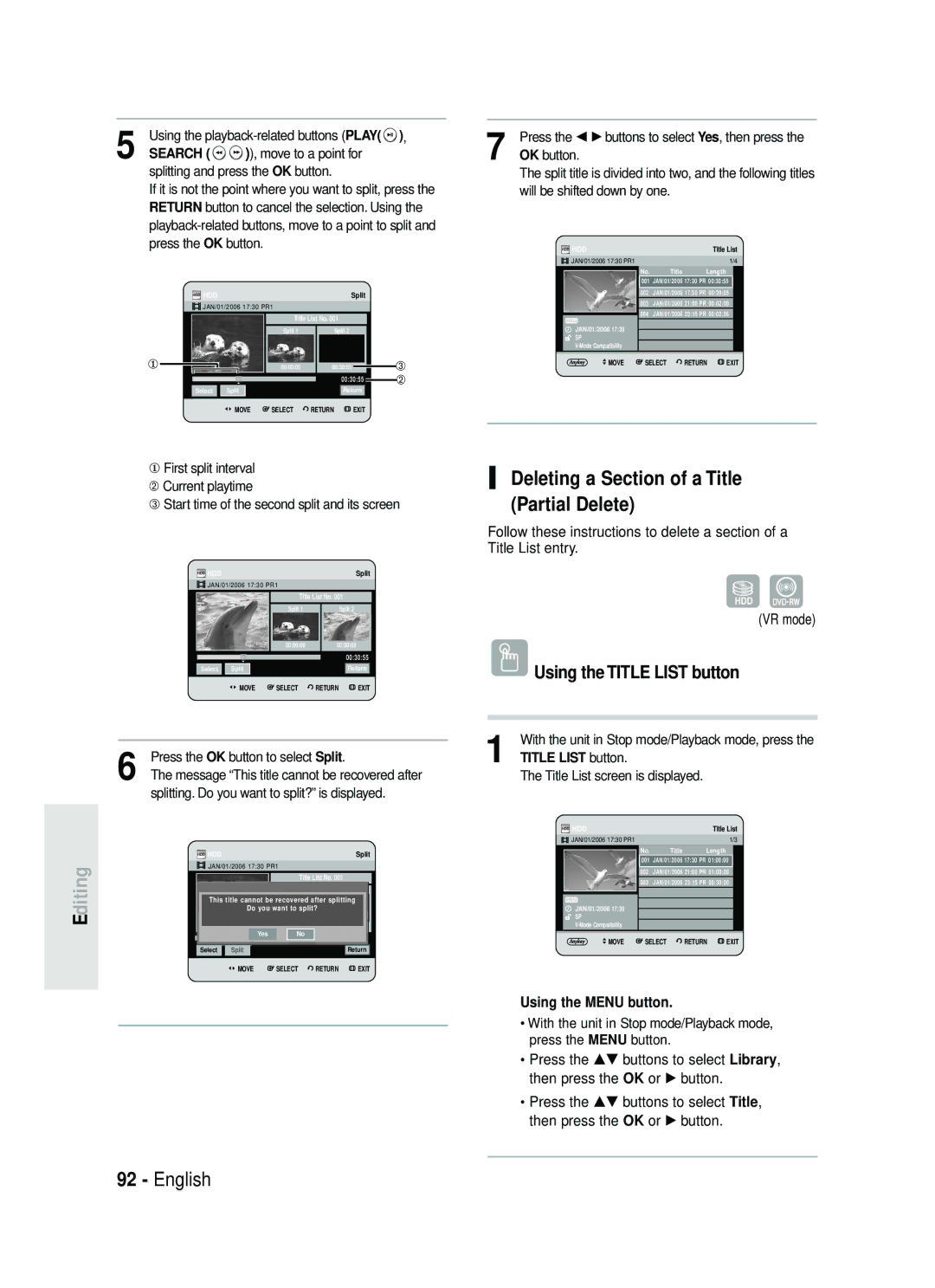 Samsung DVD-HR730/XEC, DVD-HR730/XEB manual Deleting a Section of a Title Partial Delete, Splitting and press the OK button 