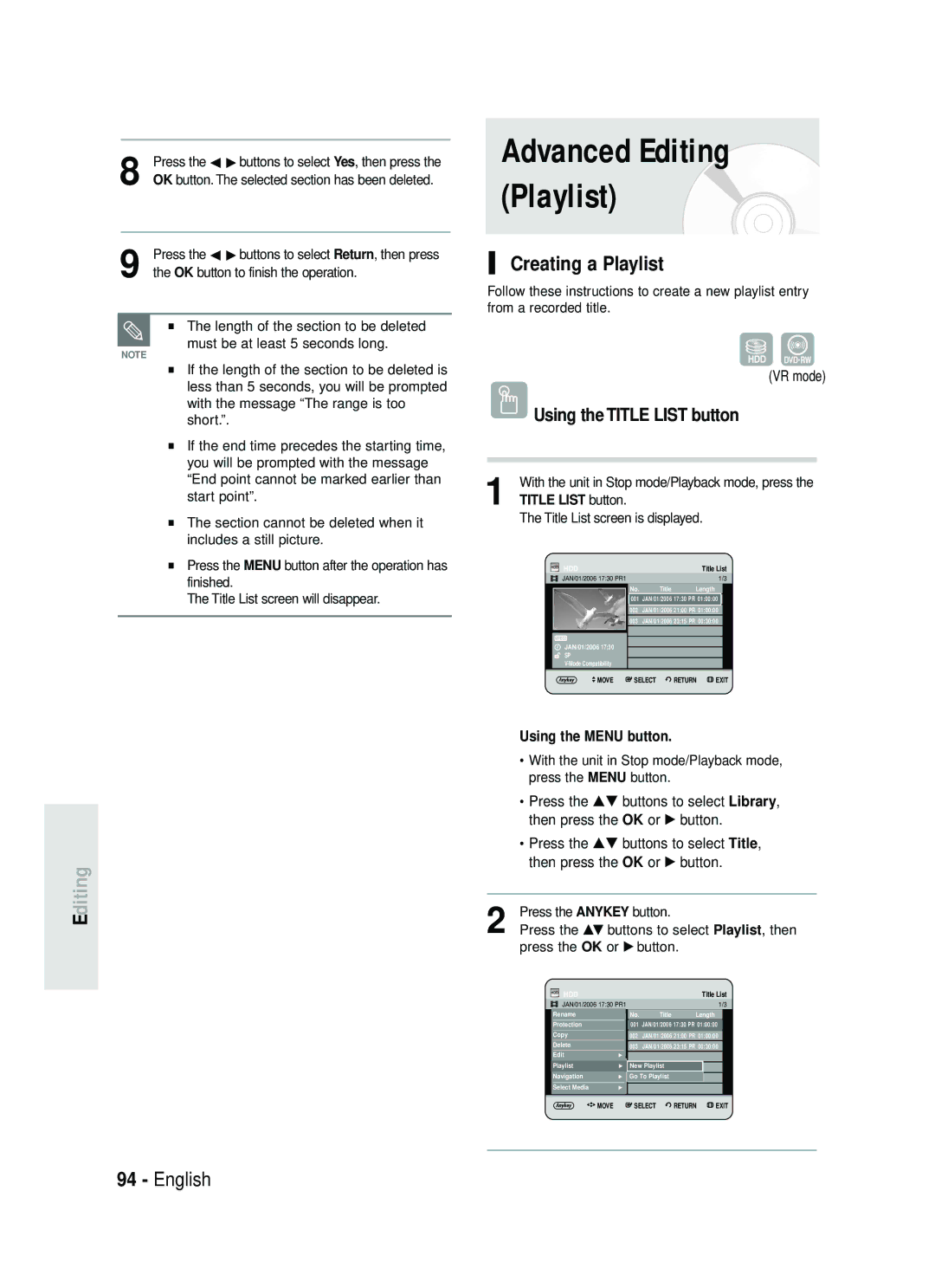 Samsung DVD-HR734/XEG, DVD-HR730/XEC, DVD-HR730/XEB manual Creating a Playlist, Press the …† buttons to select Playlist, then 