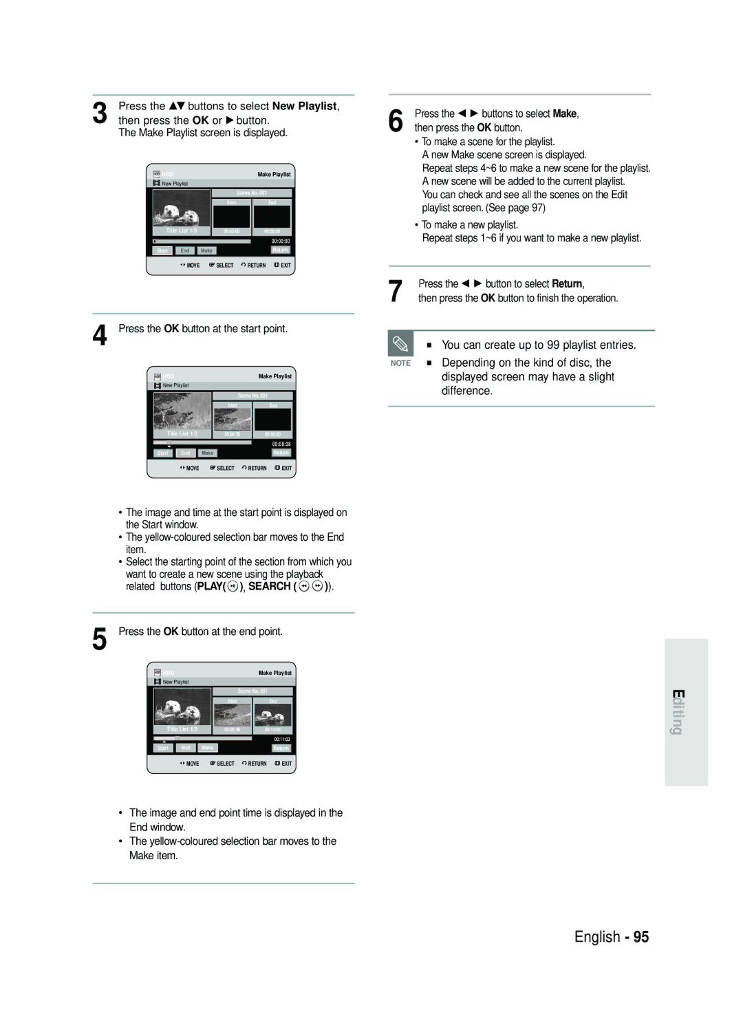 Samsung DVD-HR730/XEG, DVD-HR730/XEC You can create up to 99 playlist entries, Depending on the kind of disc, Difference 