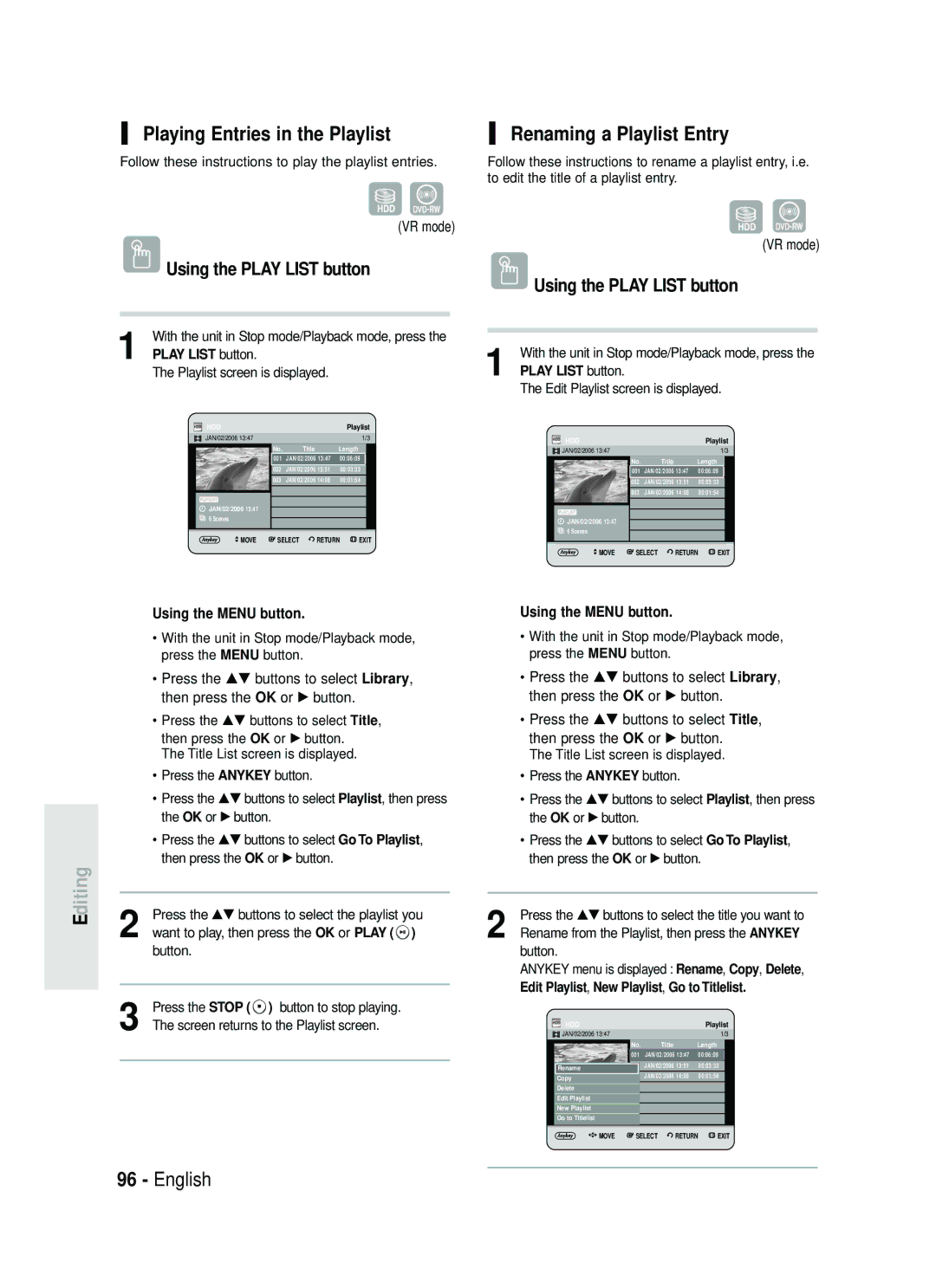 Samsung DVD-HR730/XEC manual Playing Entries in the Playlist, Renaming a Playlist Entry, Using the Play List button 