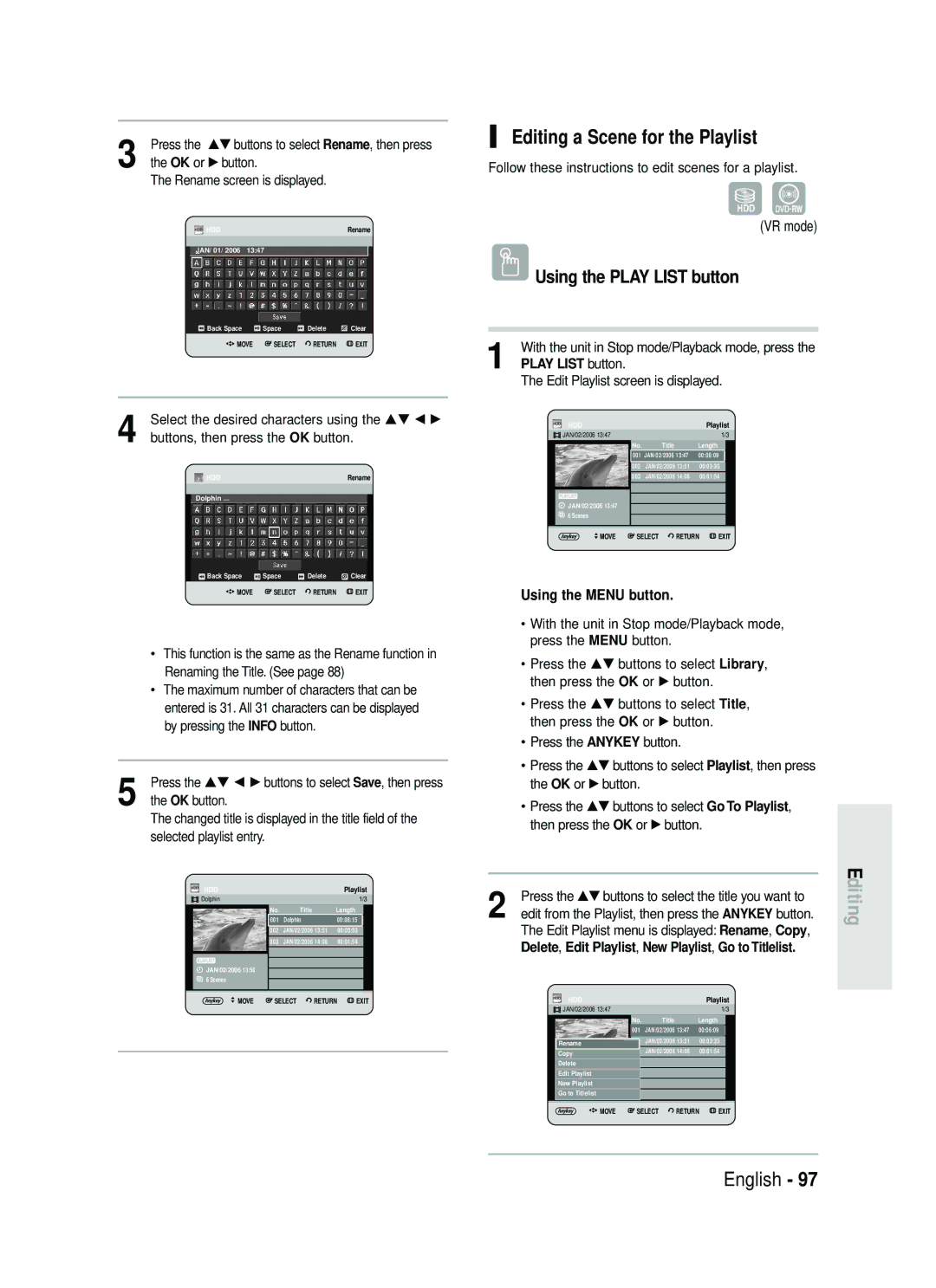 Samsung DVD-HR730/XEB, DVD-HR730/XEC, DVD-HR734/XEG Editing a Scene for the Playlist, OK button, Selected playlist entry 