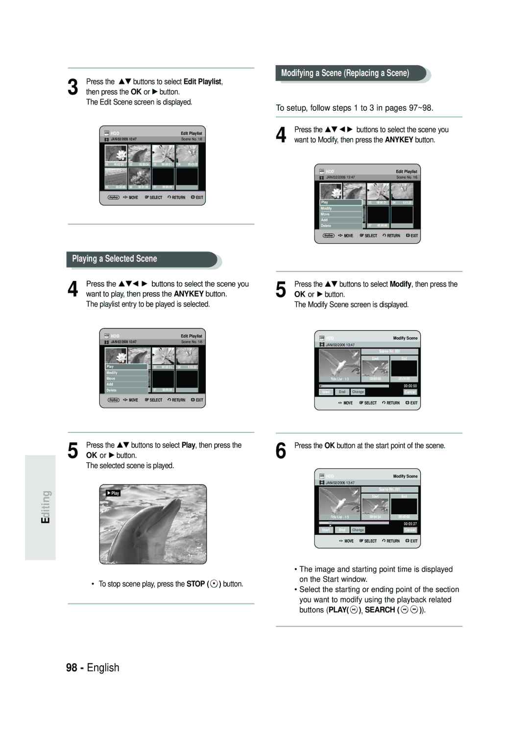 Samsung DVD-HR734/XEG, DVD-HR730/XEC Playing a Selected Scene, Modifying a Scene Replacing a Scene, Buttons Play , Search 