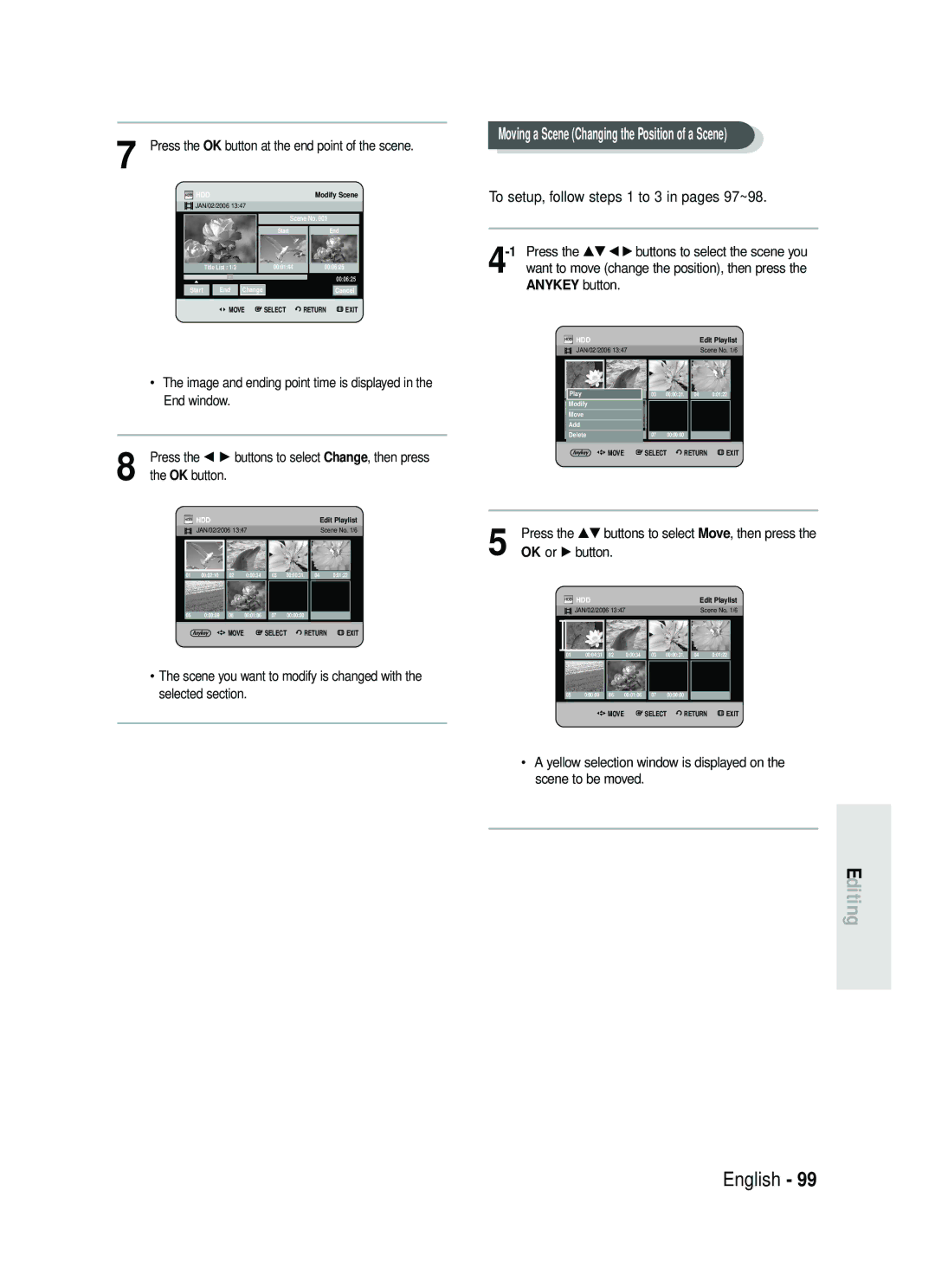 Samsung DVD-HR730/XEG Moving a Scene Changing the Position of a Scene, Press the OK button at the end point of the scene 