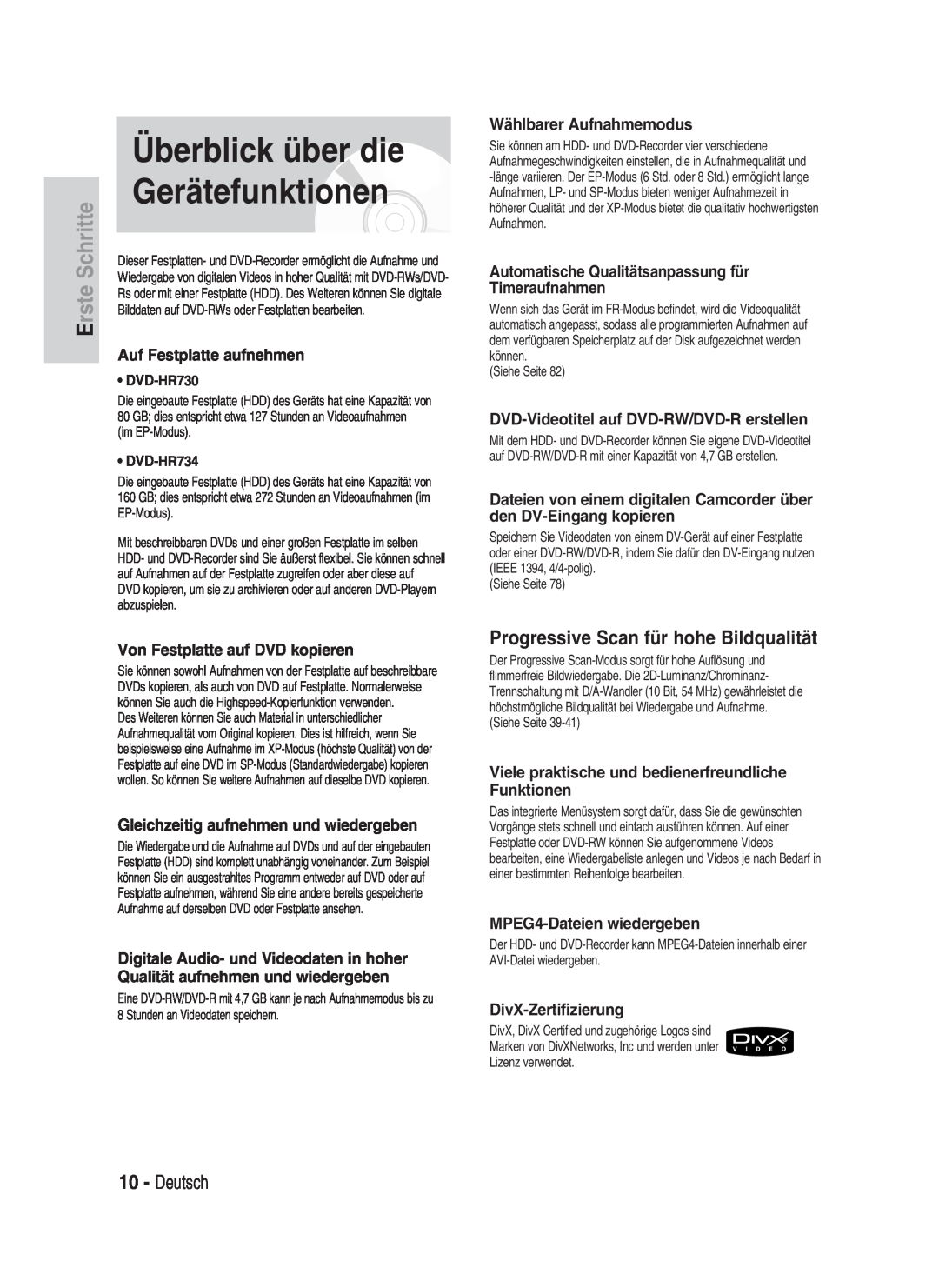 Samsung DVD-HR734/XEG Überblick über die Gerätefunktionen, Progressive Scan für hohe Bildqualität, Deutsch, Erste Schritte 
