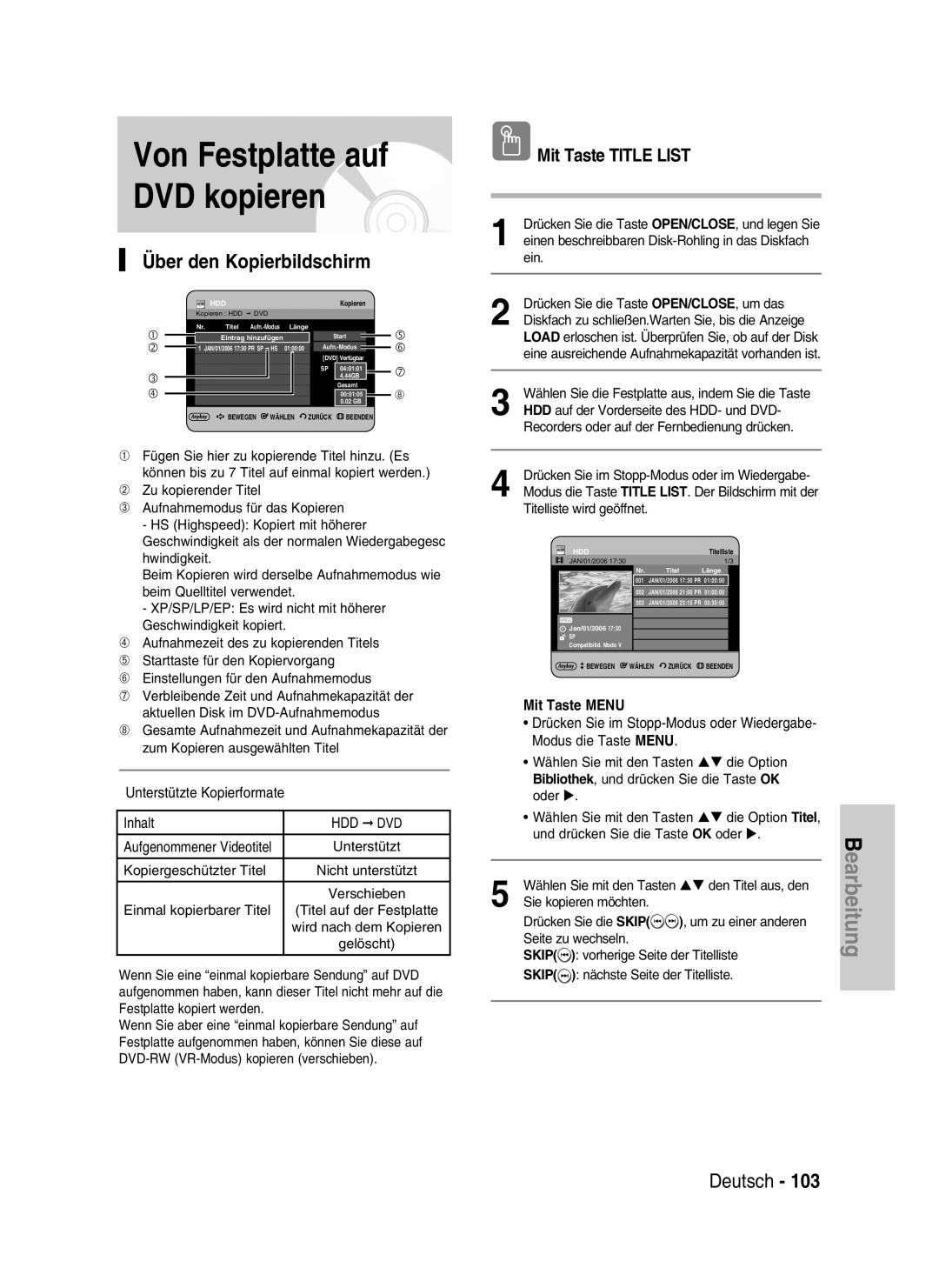 Samsung DVD-HR730/XEG manual Von Festplatte auf DVD kopieren, Über den Kopierbildschirm, Deutsch, Mit Taste TITLE LIST 