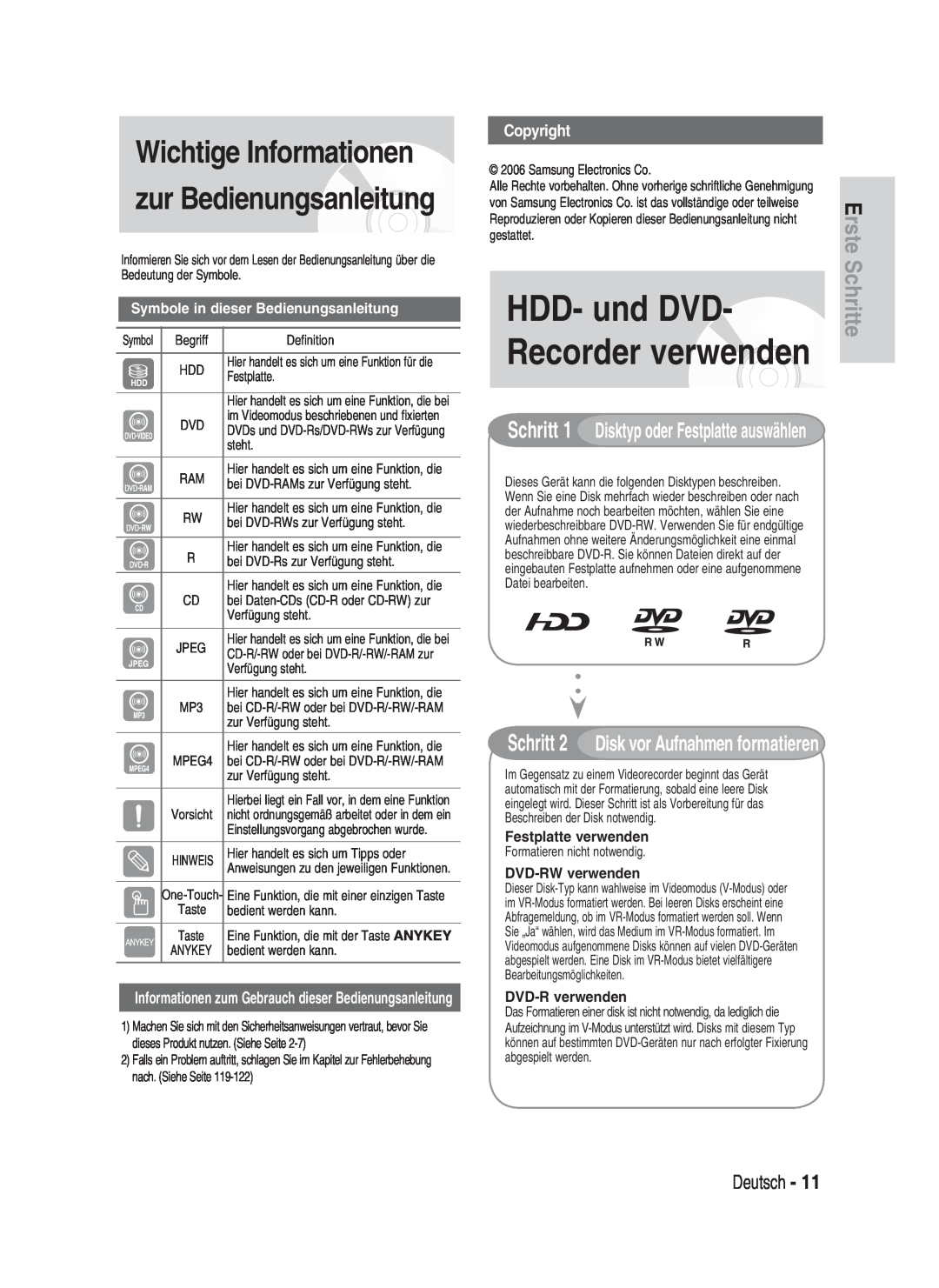 Samsung DVD-HR730/XEG HDD- und DVD, Recorder verwenden, Wichtige Informationen, zur Bedienungsanleitung, Copyright, Erste 