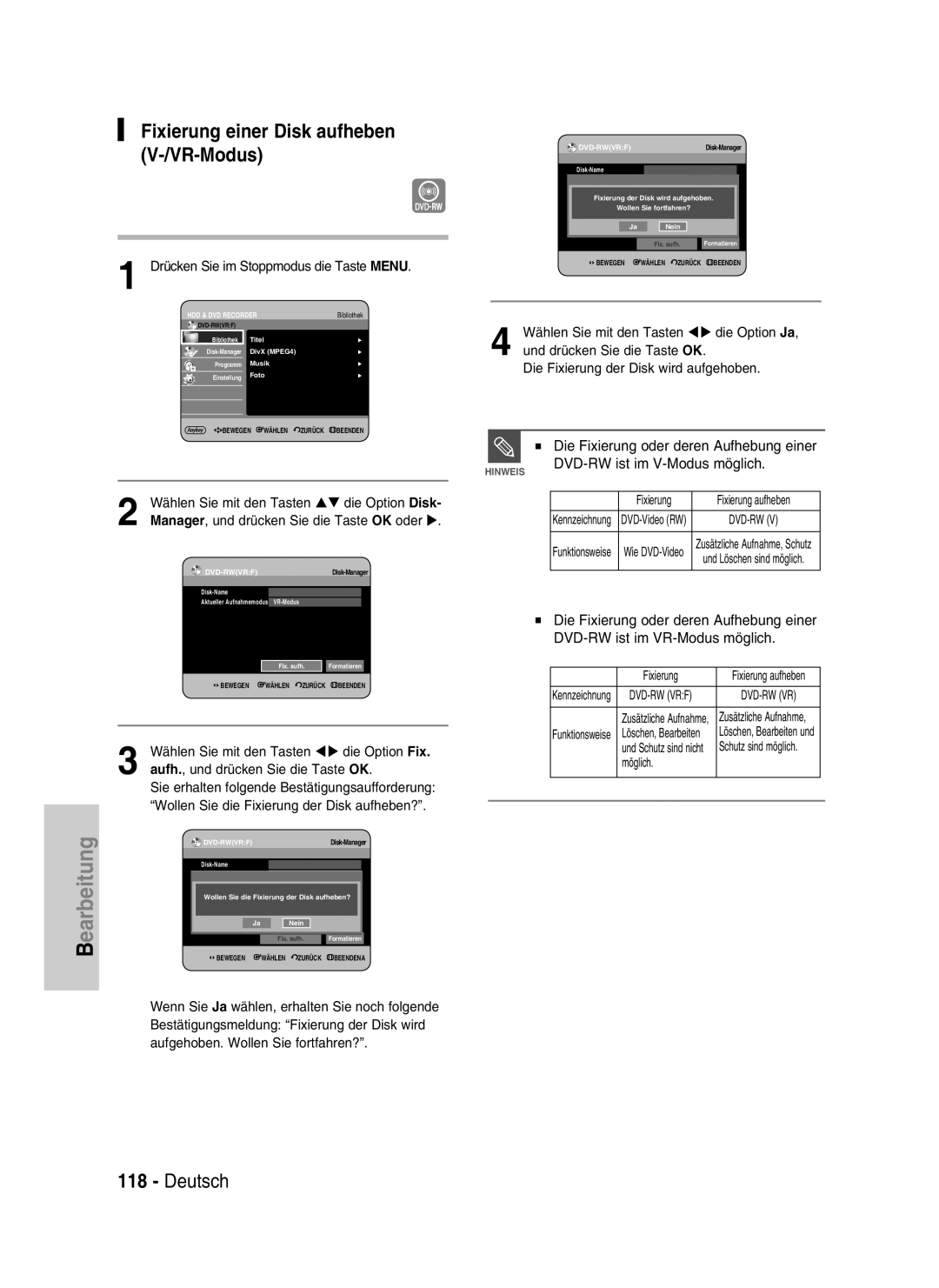 Samsung DVD-HR734/XEG, DVD-HR730/XEC, DVD-HR730/XEB Fixierung einer Disk aufheben V-/VR-Modus, Deutsch, earbeitung, Hinweis 