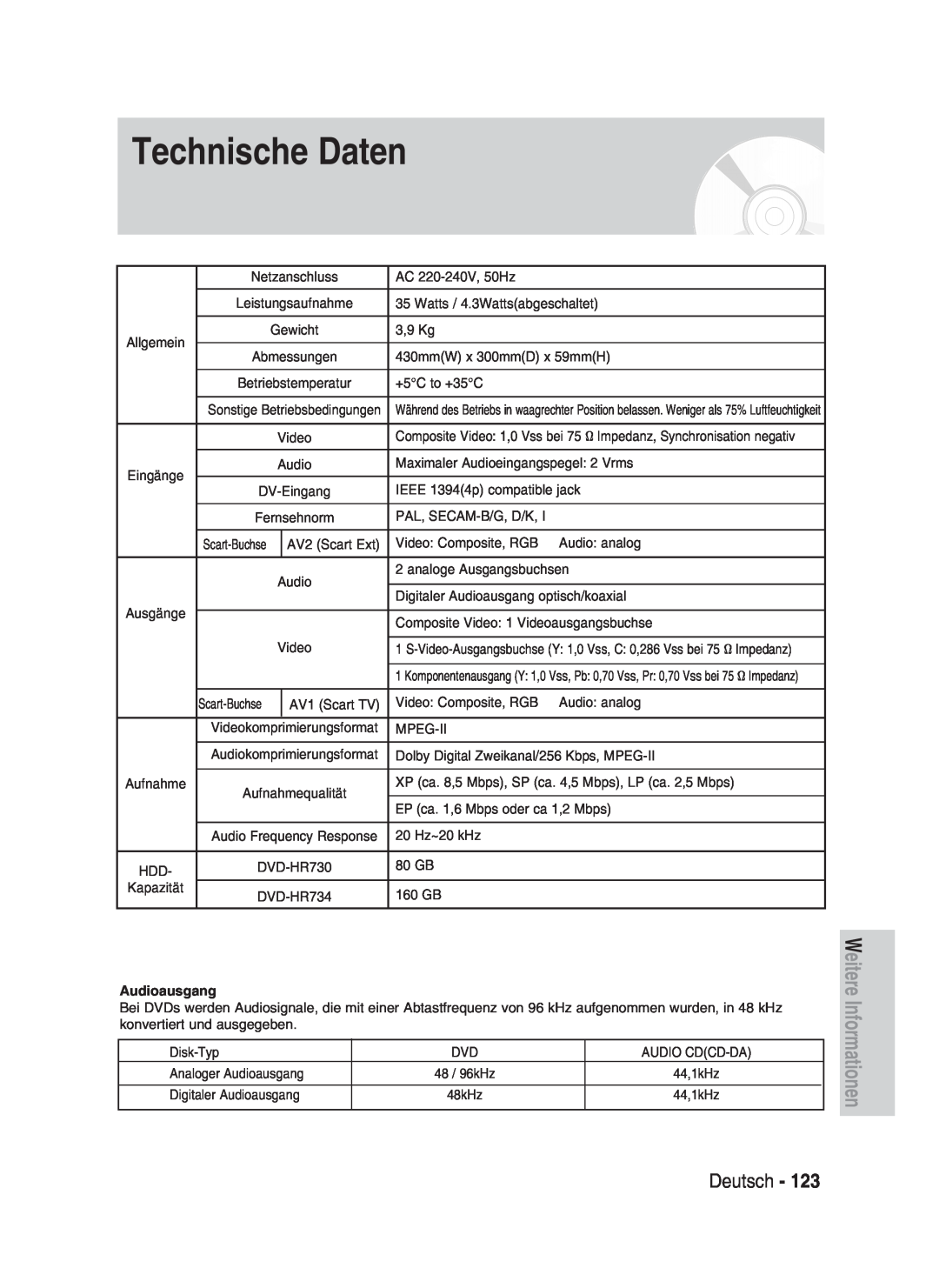 Samsung DVD-HR730/XEG, DVD-HR730/XEC, DVD-HR730/XEB manual Technische Daten, Deutsch, Weitere Informationen, Audioausgang 