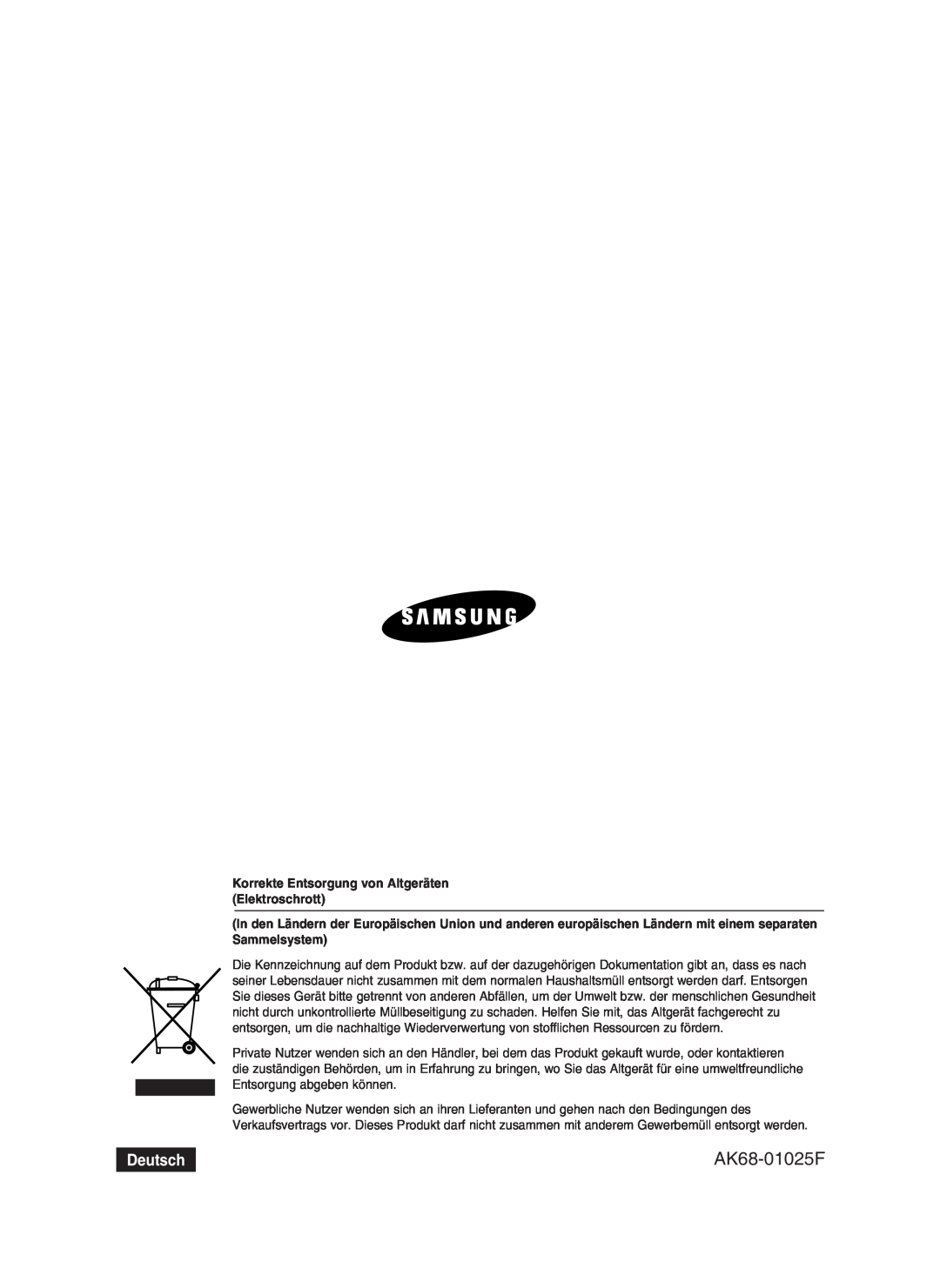 Samsung DVD-HR734/XEG, DVD-HR730/XEC, DVD-HR730/XEB AK68-01025F, Deutsch, Korrekte Entsorgung von Altgeräten Elektroschrott 