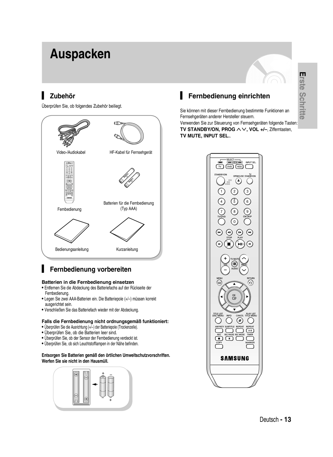 Samsung DVD-HR730/XEB Auspacken, Zubehör, Fernbedienung vorbereiten, Fernbedienung einrichten, Erste Schritte, Deutsch 