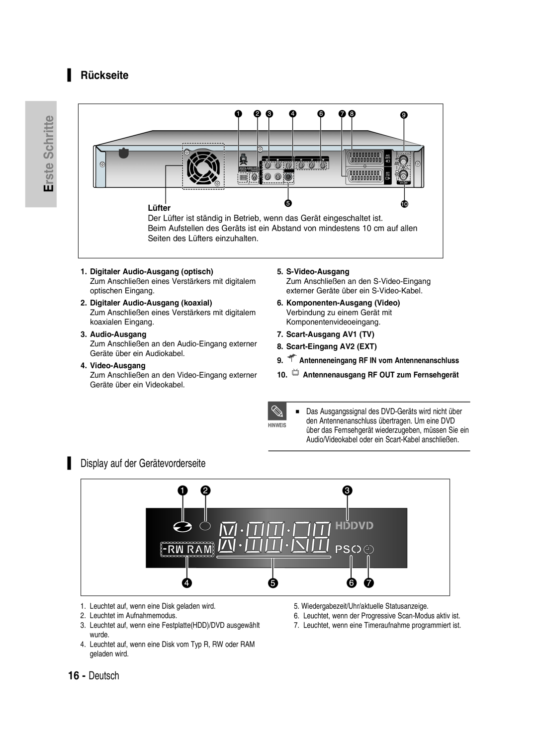 Samsung DVD-HR730/XEC, DVD-HR730/XEB, DVD-HR734/XEG Rückseite, Display auf der Gerätevorderseite, Deutsch, Erste Schritte 