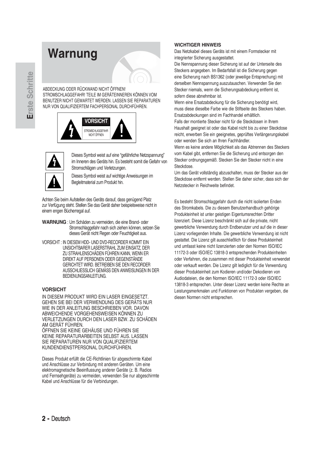 Samsung DVD-HR734/XEG, DVD-HR730/XEC, DVD-HR730/XEB manual Warnung, Erste Schritte, Deutsch, Vorsicht, Wichtiger Hinweis 